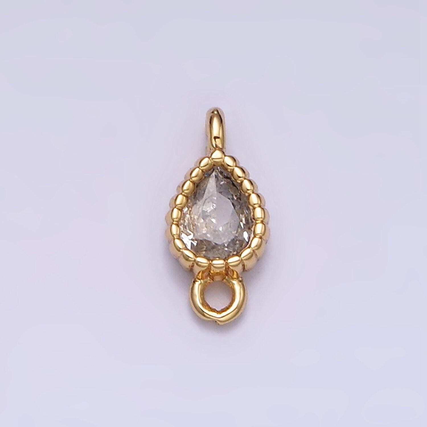 Mini tear drop charm 16k gold filled clear geometric cz dotted bezel link connector in gold & silver | ac1317~ac1318, y911~y912