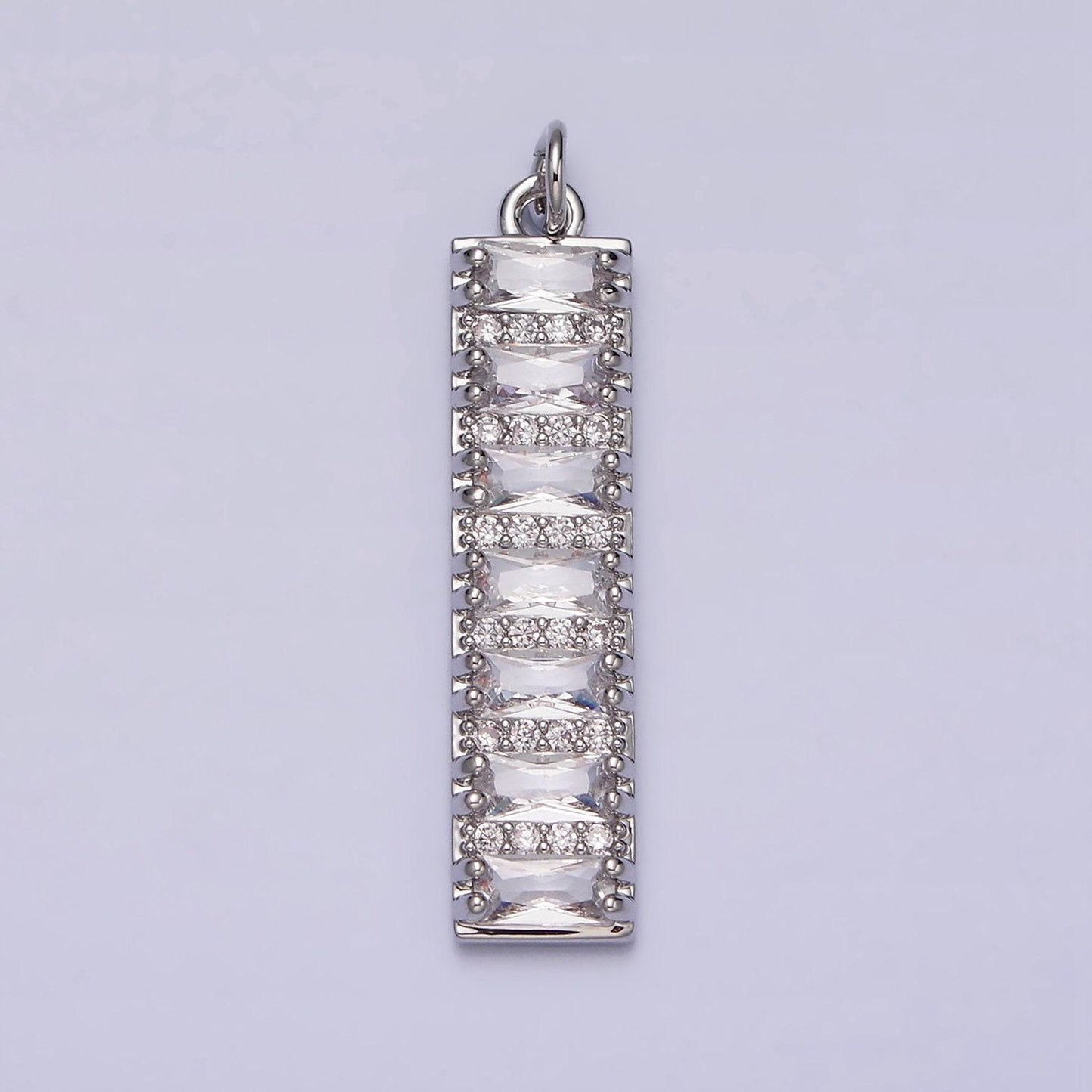 White gold filled 30mm clear cz baguette lined micro paved band tag charm | ac1306