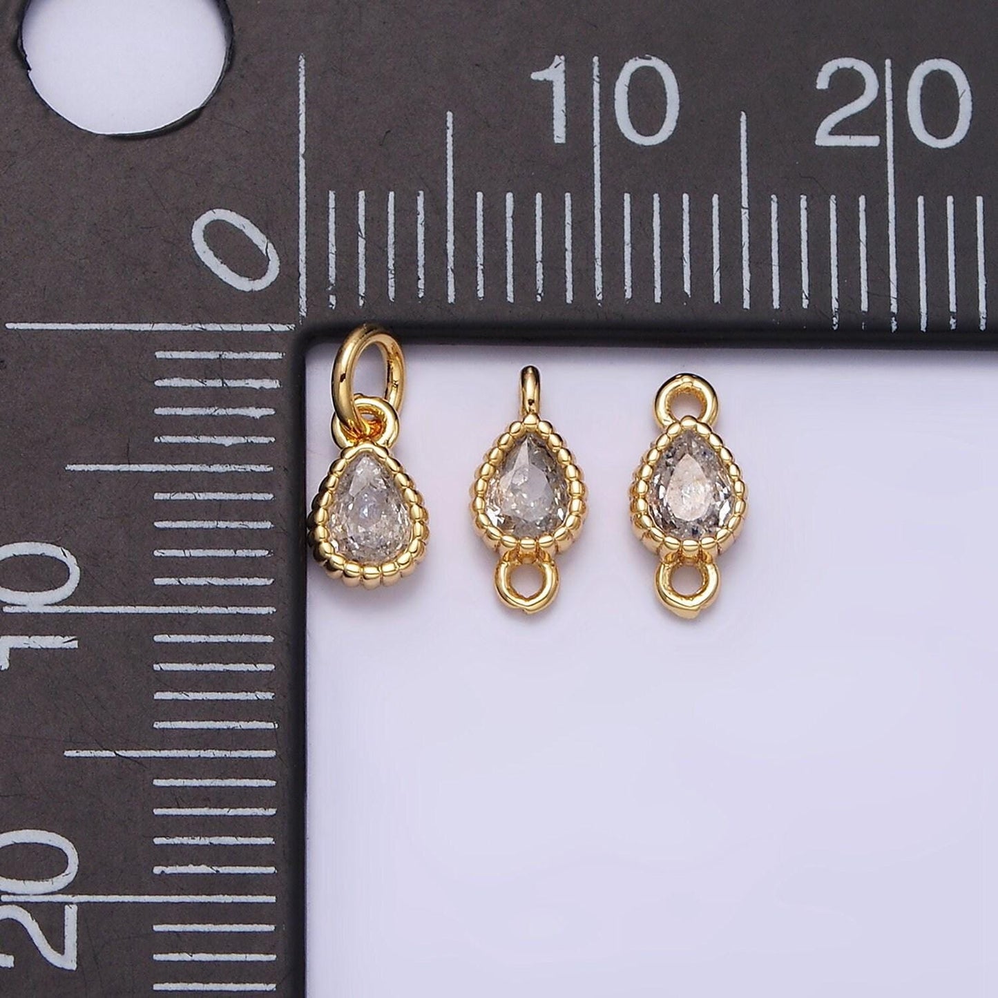 Mini tear drop charm 16k gold filled clear geometric cz dotted bezel link connector in gold & silver | ac1317~ac1318, y911~y912