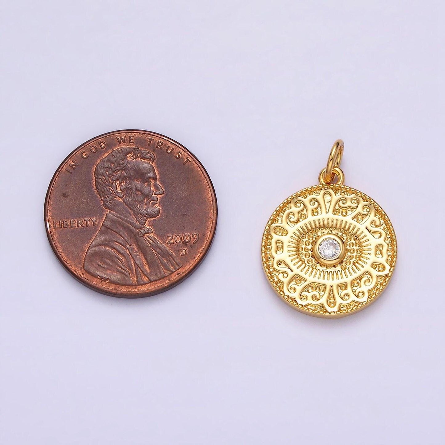 14k gold filled clear cz evil eye artisan textured round charm | ac1299