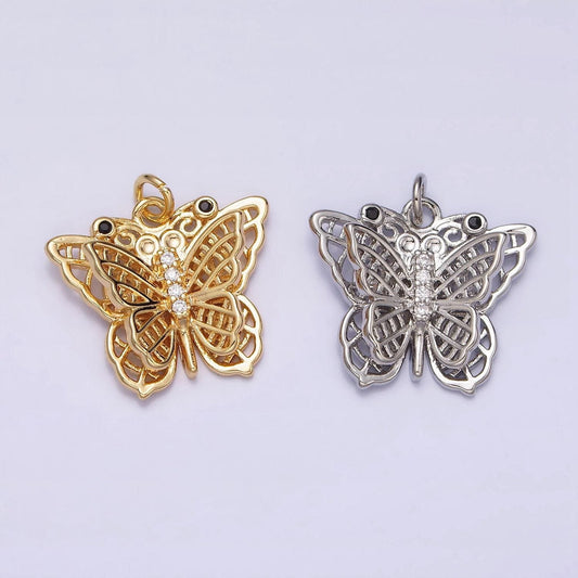 16k gold filled black-eyed cz double filigree butterfly wings micro paved charm in gold & silver | ac1292 ac1293
