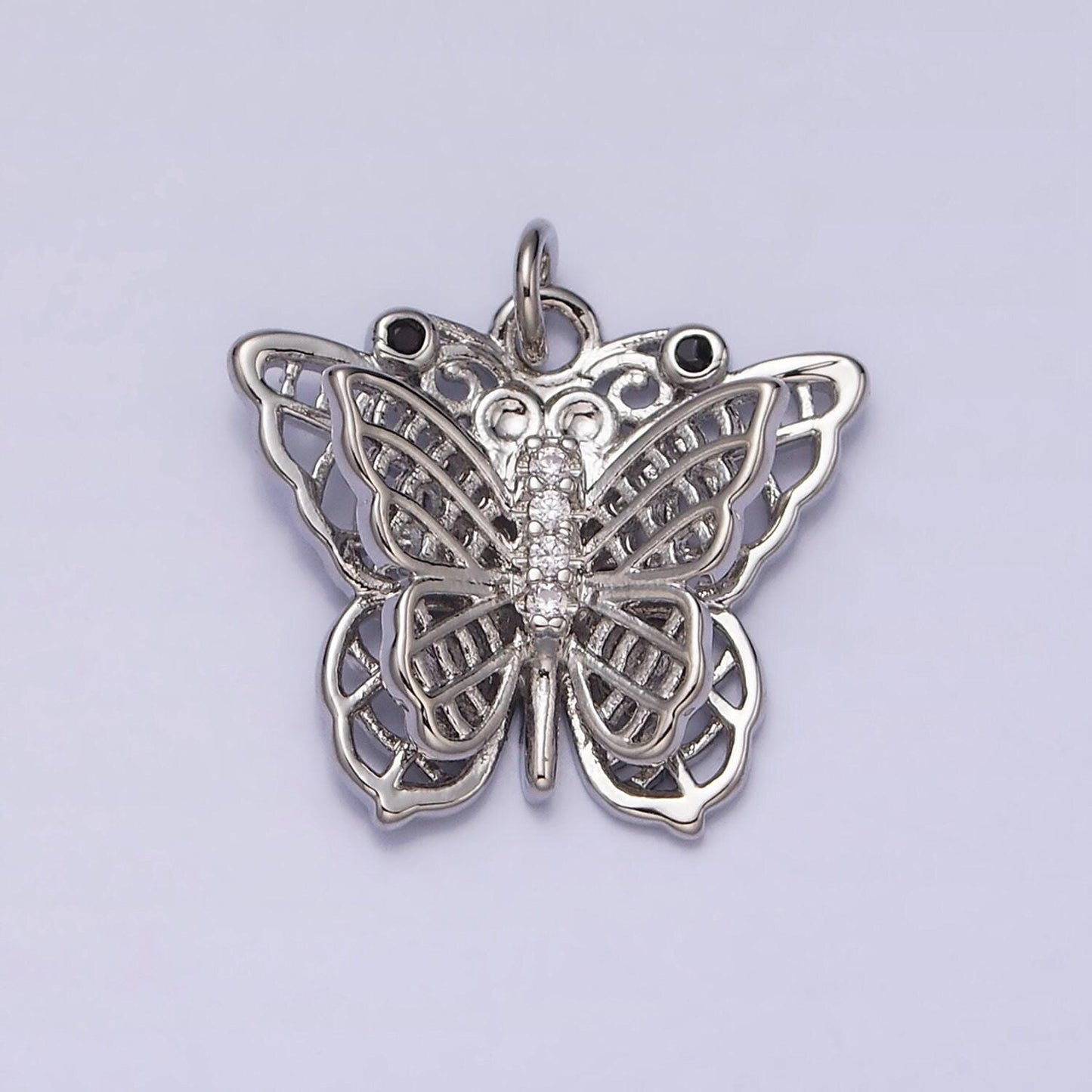16k gold filled black-eyed cz double filigree butterfly wings micro paved charm in gold & silver | ac1292 ac1293