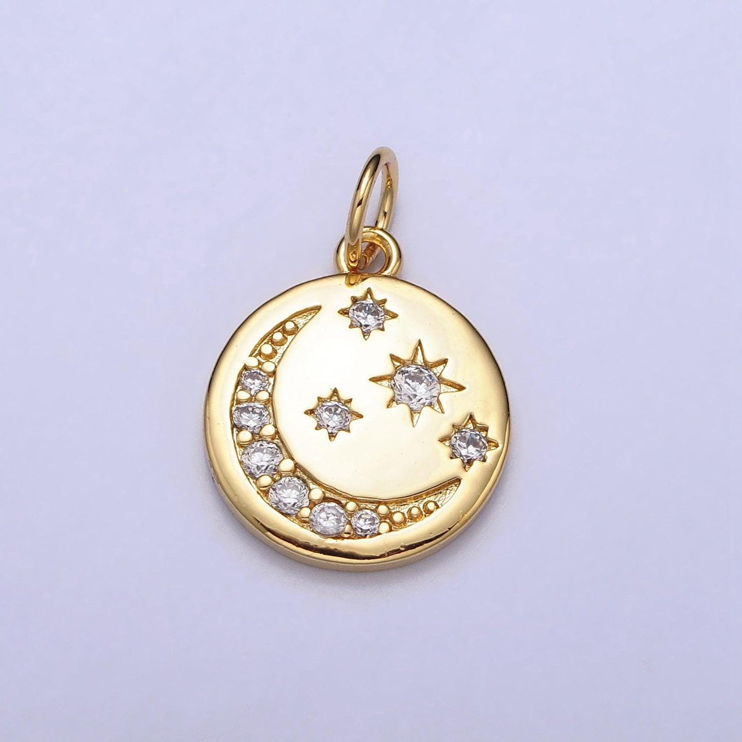 16k gold filled celestial crescent moon micro paved cz round charm in gold & silver | ac1282 ac1283