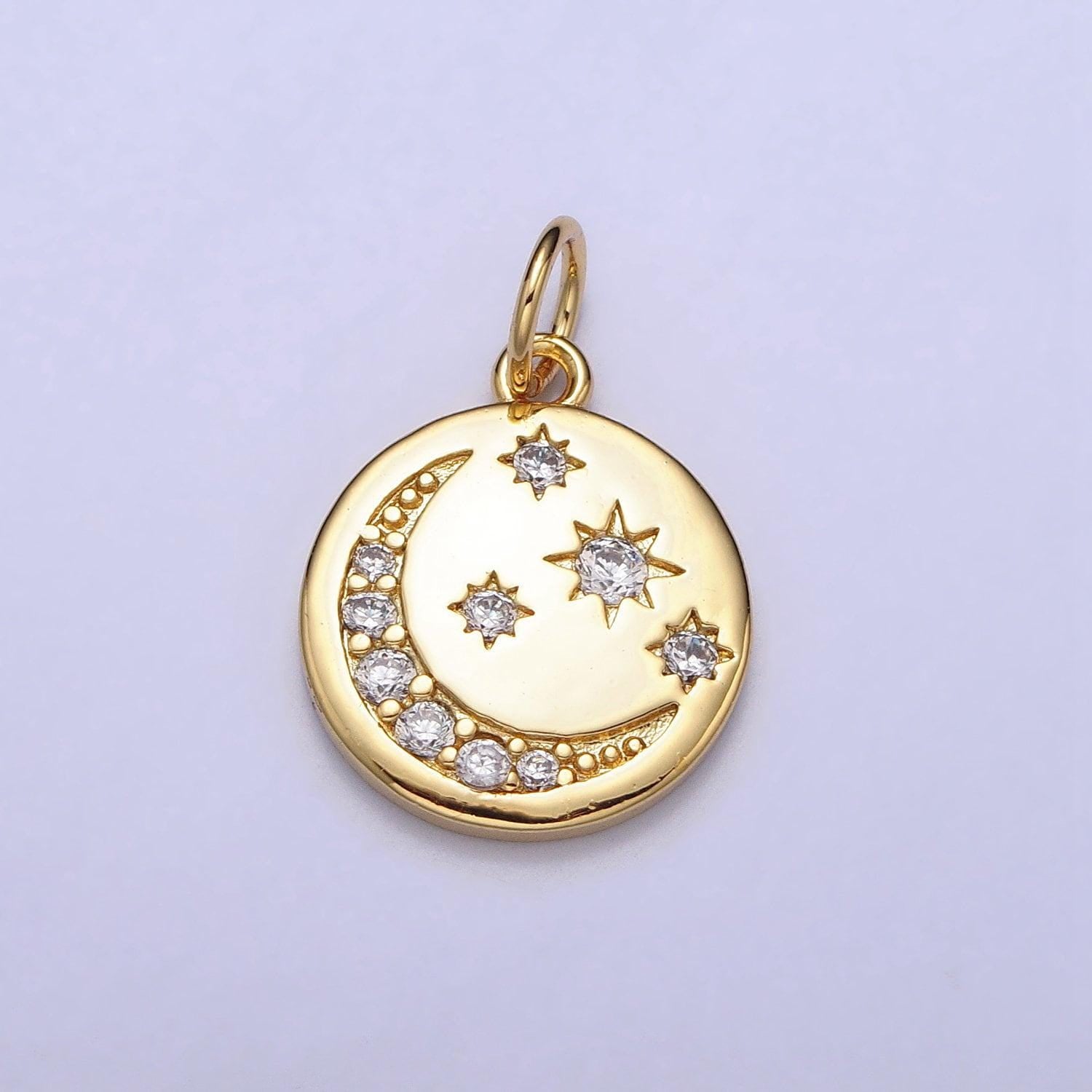 16k gold filled celestial crescent moon micro paved cz round charm in gold & silver | ac1282 ac1283
