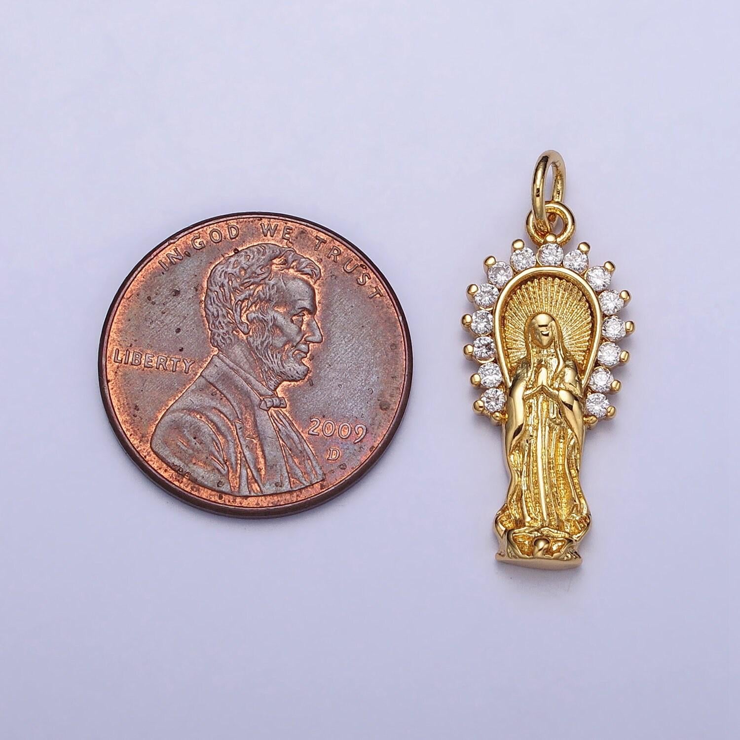 16k gold filled mother mary lady guadalupe cz outline charm in gold & silver | ac1280 ac1281