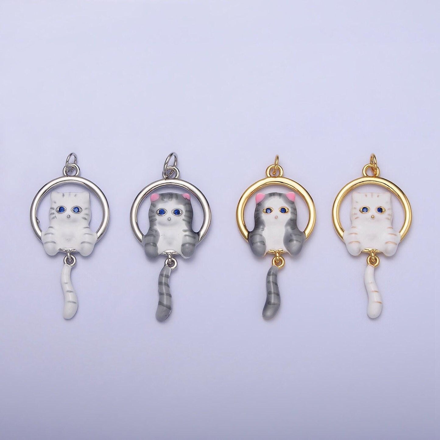 16k gold filled white, grey striped kitty cat tail dangle round open animal pet charm in gold & silver | ac1276 - ac1279