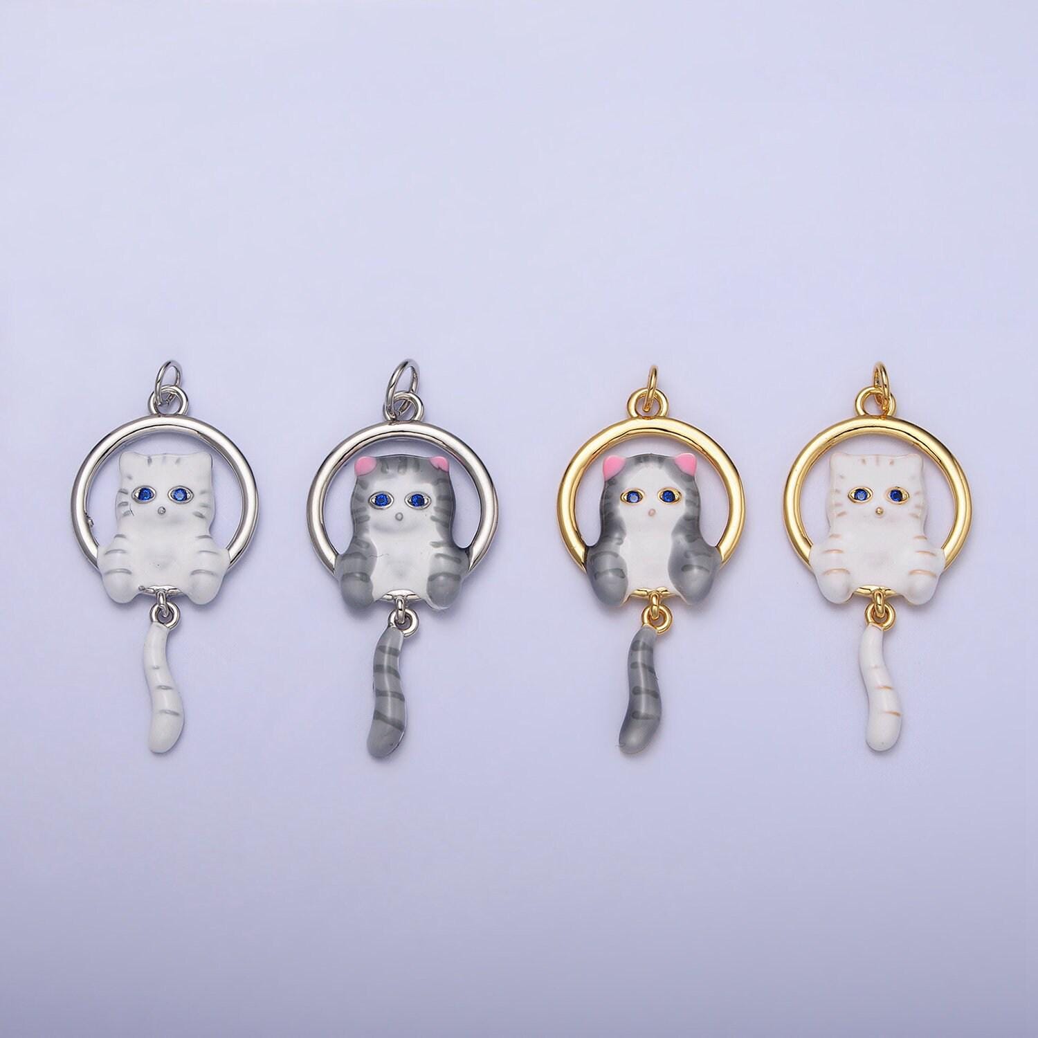 16k gold filled white, grey striped kitty cat tail dangle round open animal pet charm in gold & silver | ac1276 - ac1279