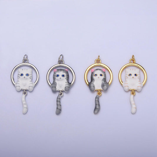 16k gold filled white, grey striped kitty cat tail dangle round open animal pet charm in gold & silver | ac1276 - ac1279