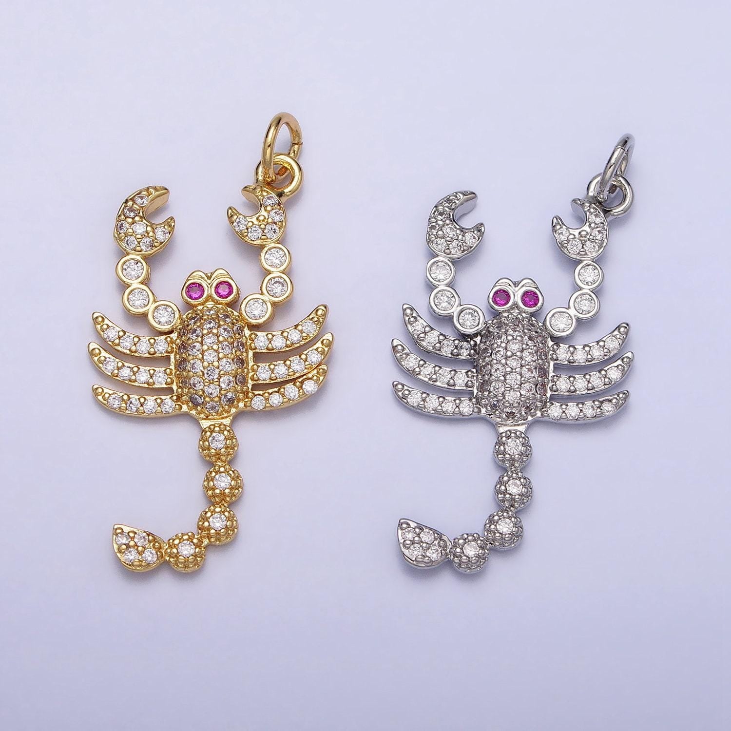 16k gold filled cz fuchsia-eyed lobster scorpion animal micro paved charm in gold & silver | ac1274