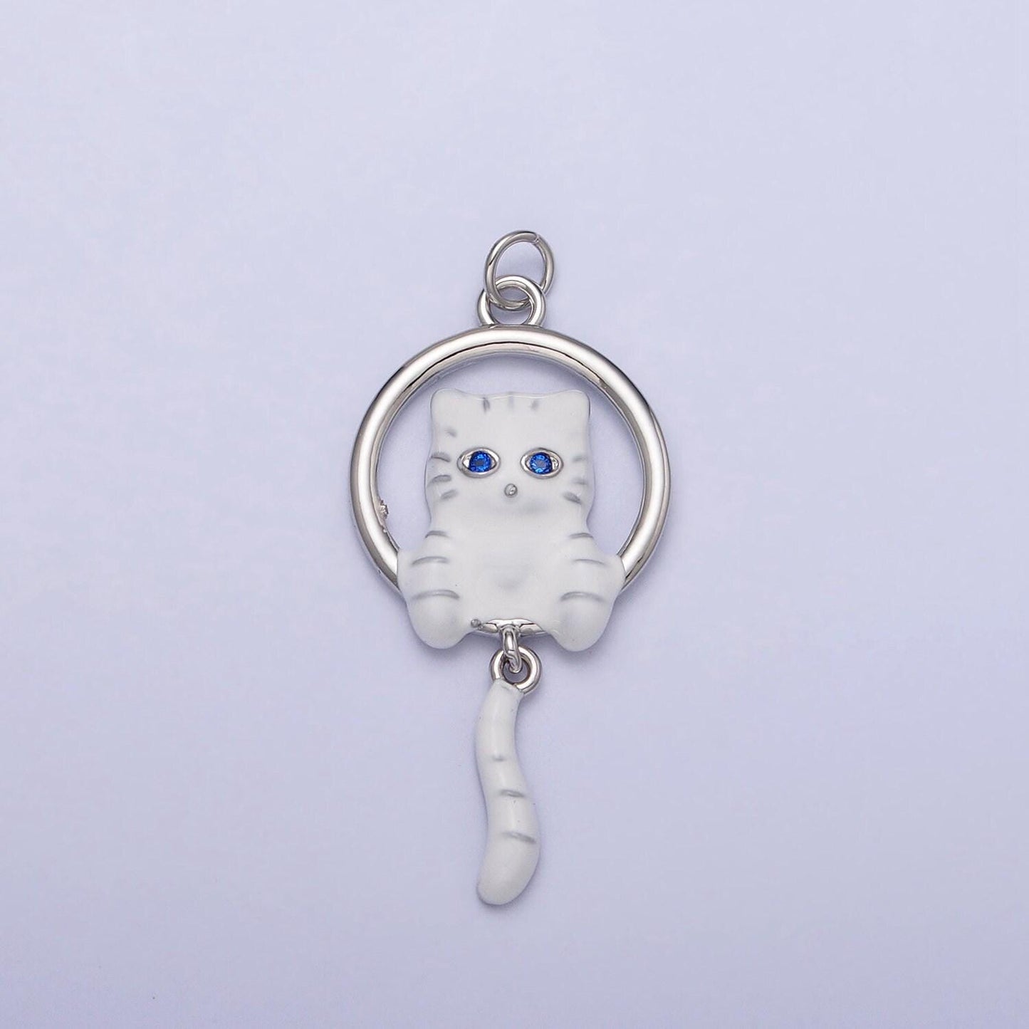 16k gold filled white, grey striped kitty cat tail dangle round open animal pet charm in gold & silver | ac1276 - ac1279