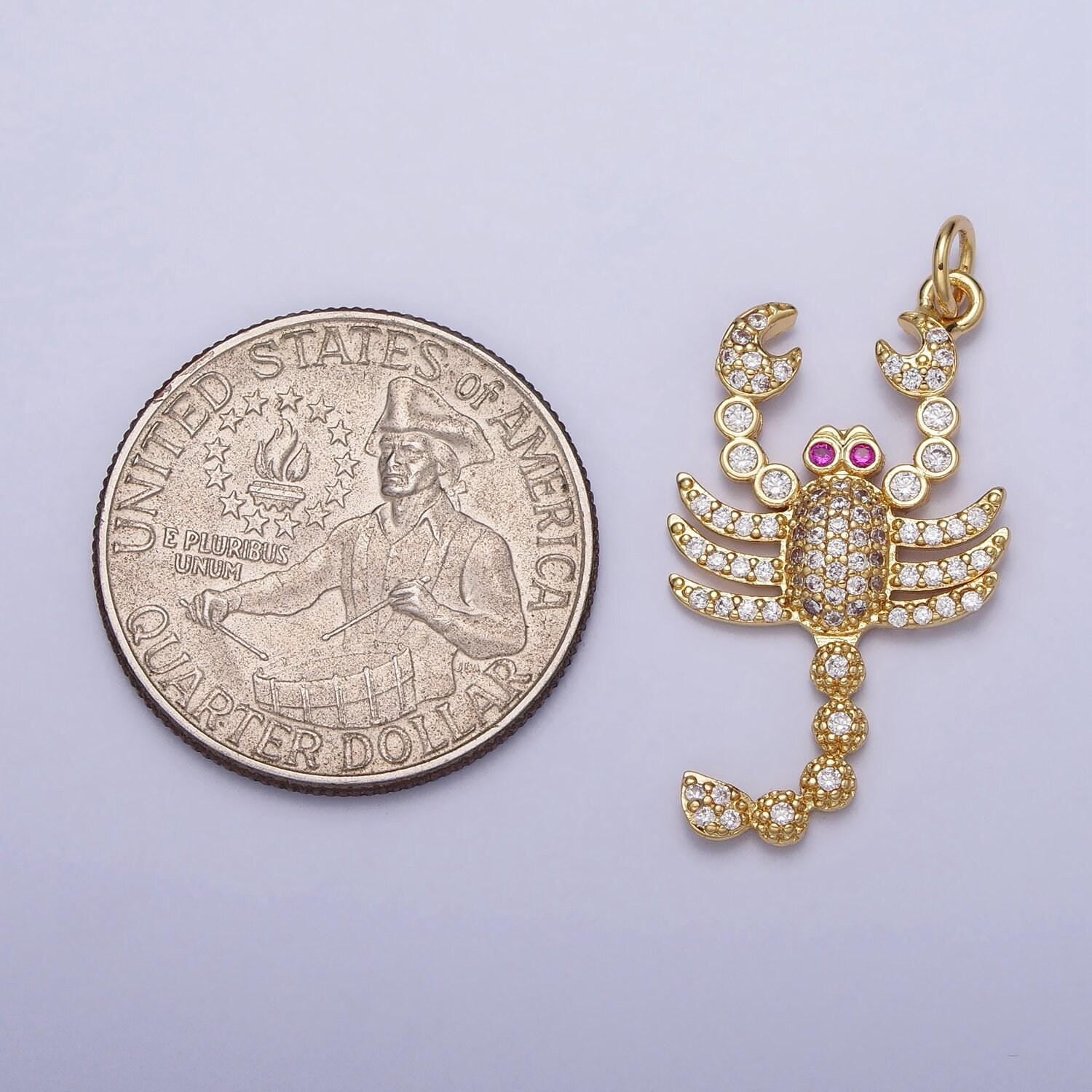 16k gold filled cz fuchsia-eyed lobster scorpion animal micro paved charm in gold & silver | ac1274