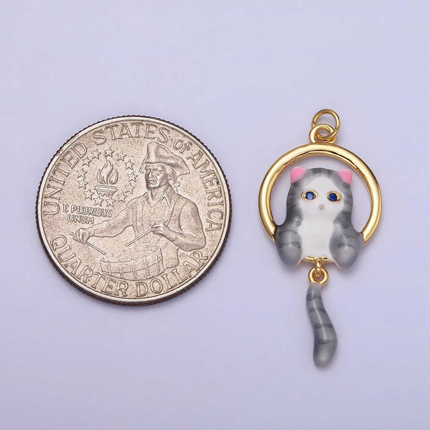 16k gold filled white, grey striped kitty cat tail dangle round open animal pet charm in gold & silver | ac1276 - ac1279