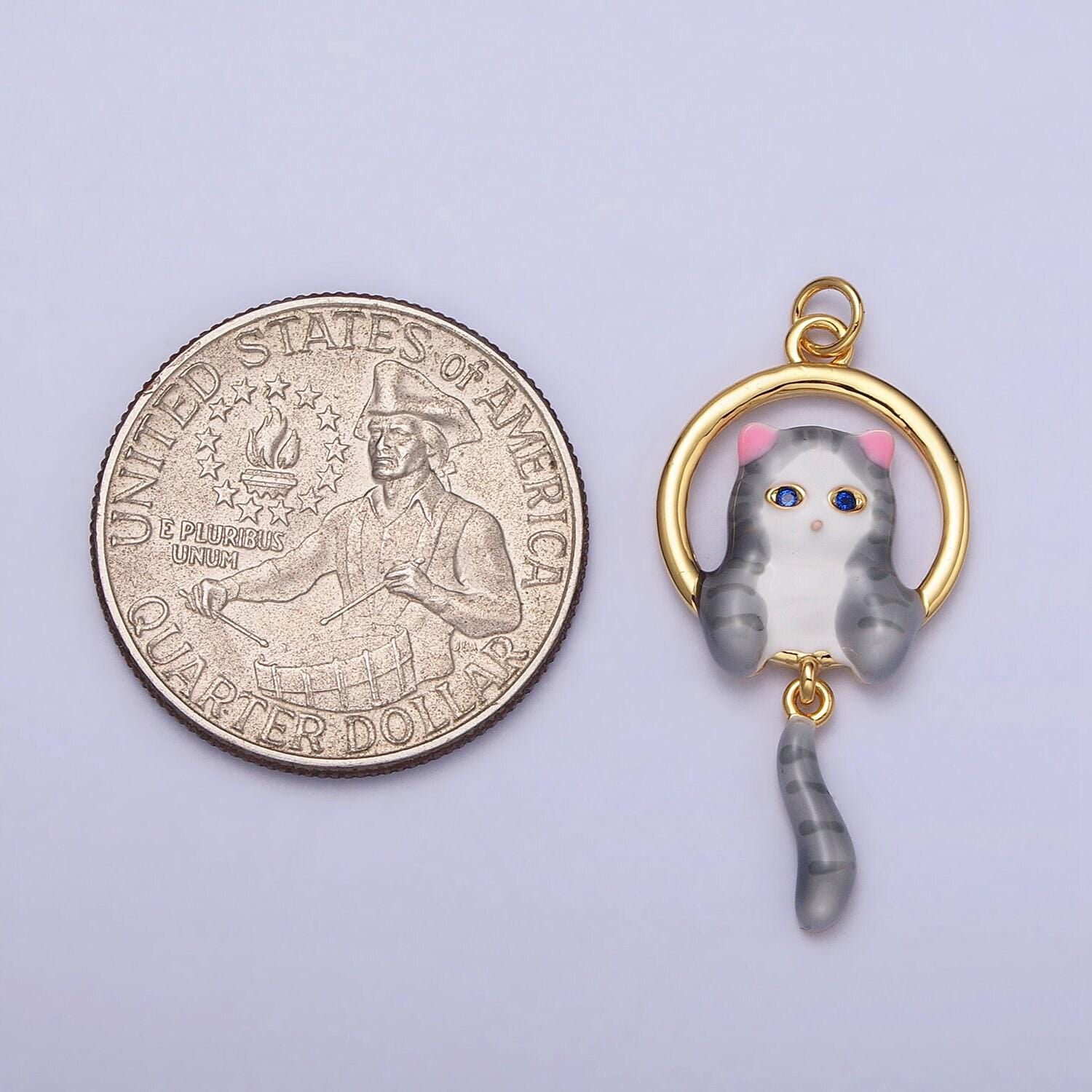 16k gold filled white, grey striped kitty cat tail dangle round open animal pet charm in gold & silver | ac1276 - ac1279