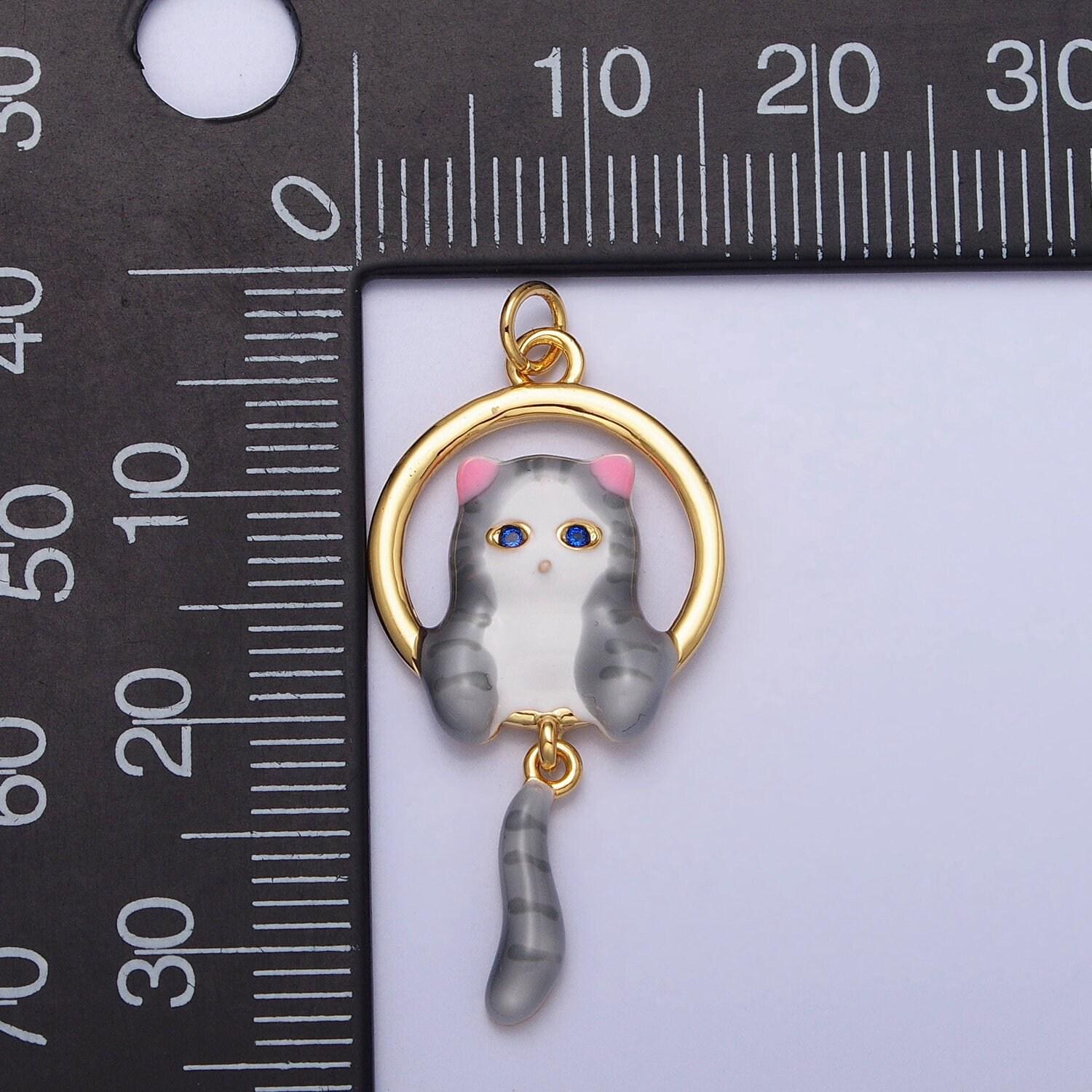 16k gold filled white, grey striped kitty cat tail dangle round open animal pet charm in gold & silver | ac1276 - ac1279