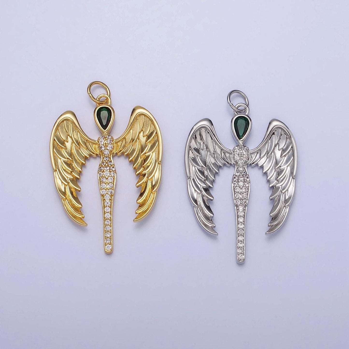 Dainty wing charm cubic angel pendant, green cz charm, dainty jewelry, 14k gold filled charm for earring bracelet necklace ac1268