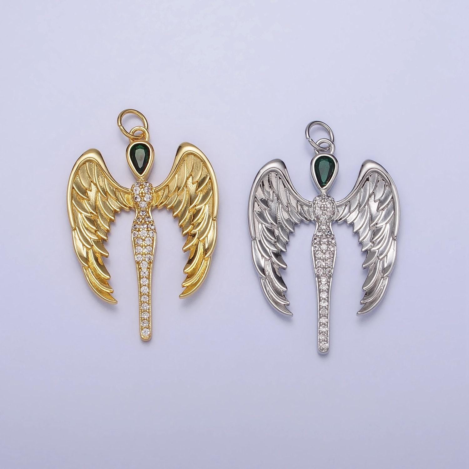 Dainty wing charm cubic angel pendant, green cz charm, dainty jewelry, 14k gold filled charm for earring bracelet necklace ac1268