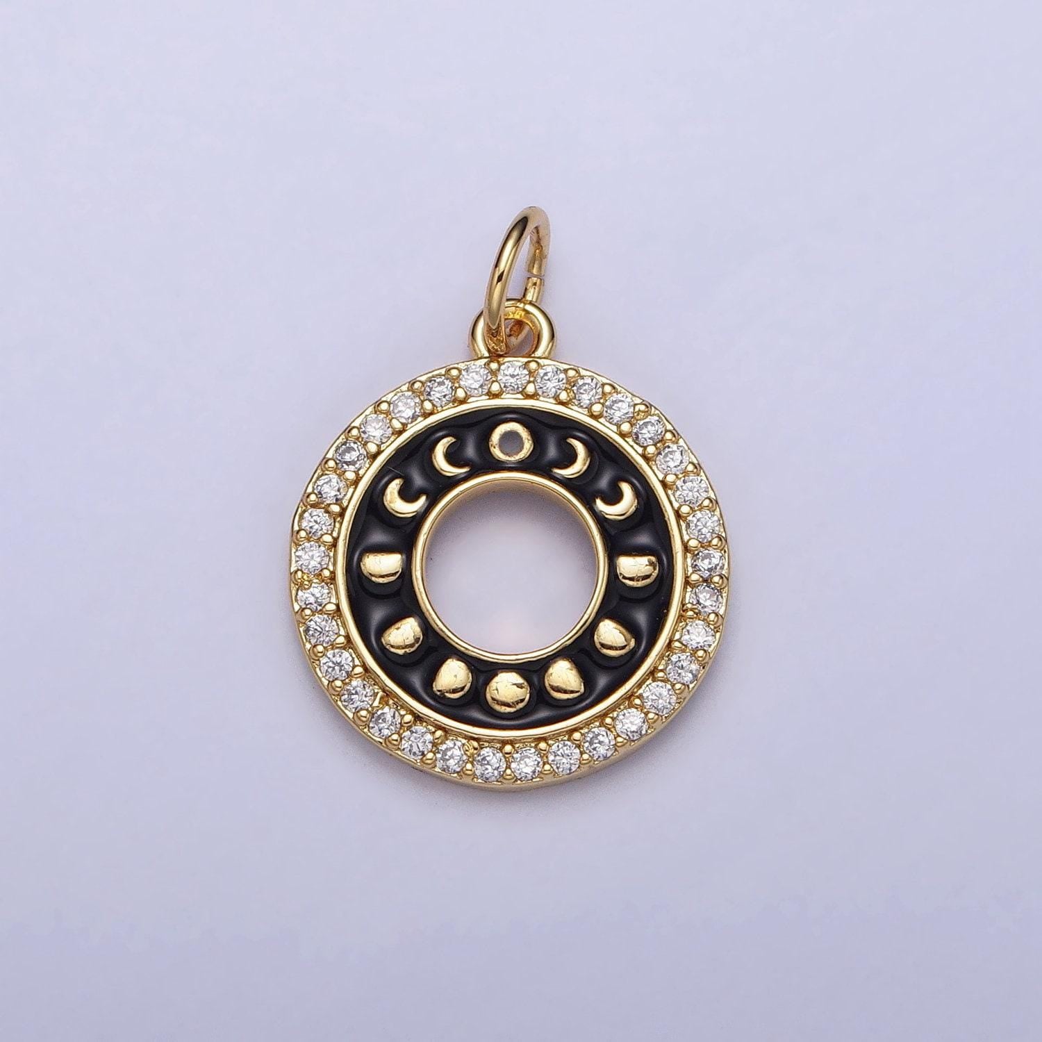 16k gold filled moon phase coin charm, moon phase crescent pendant round disc charm cubic celestial jewelry making supplies ac1264