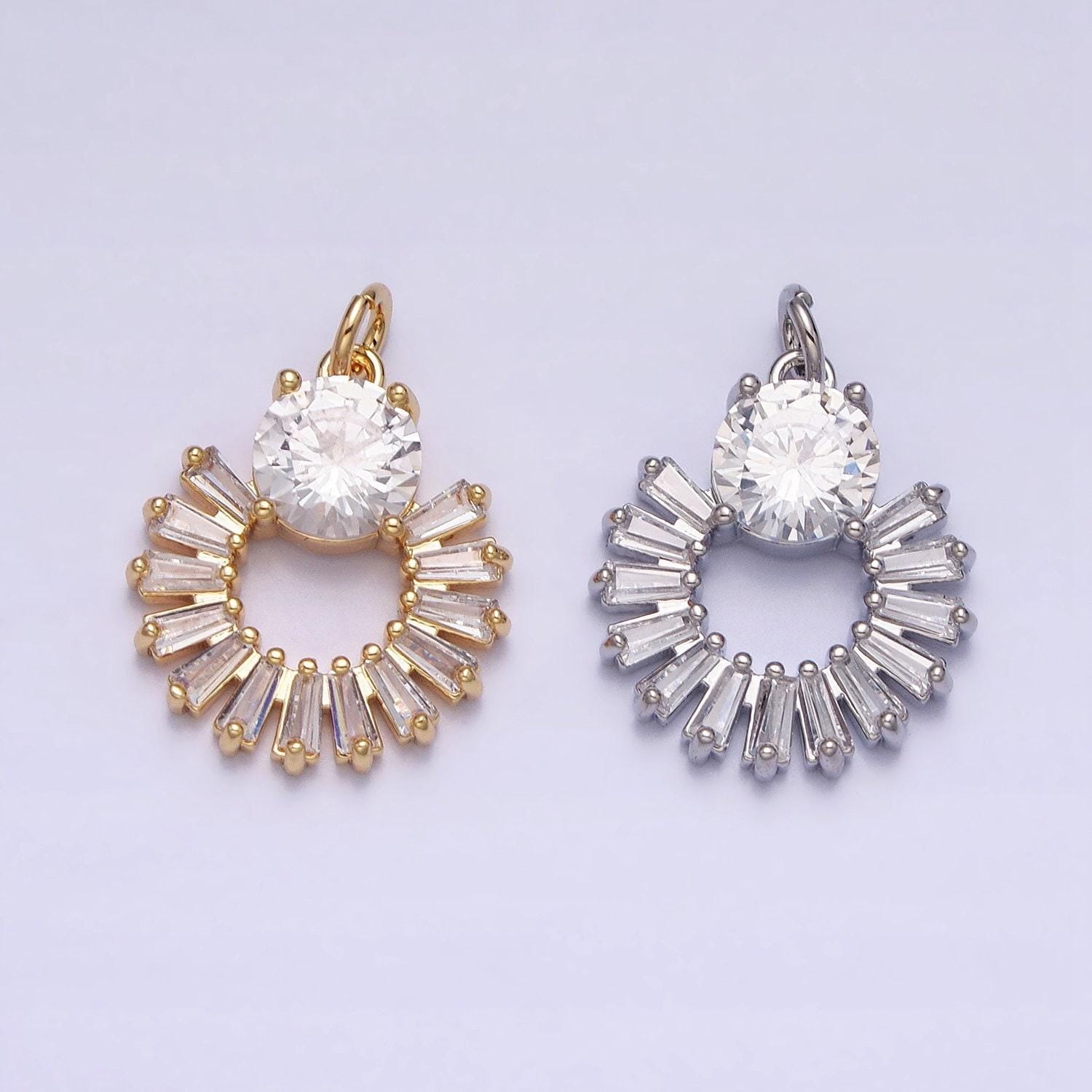 16k gold filled clear baguette open round add-on charm in gold & silver sun charm with solitaire cz stone | ac1255 ac1256