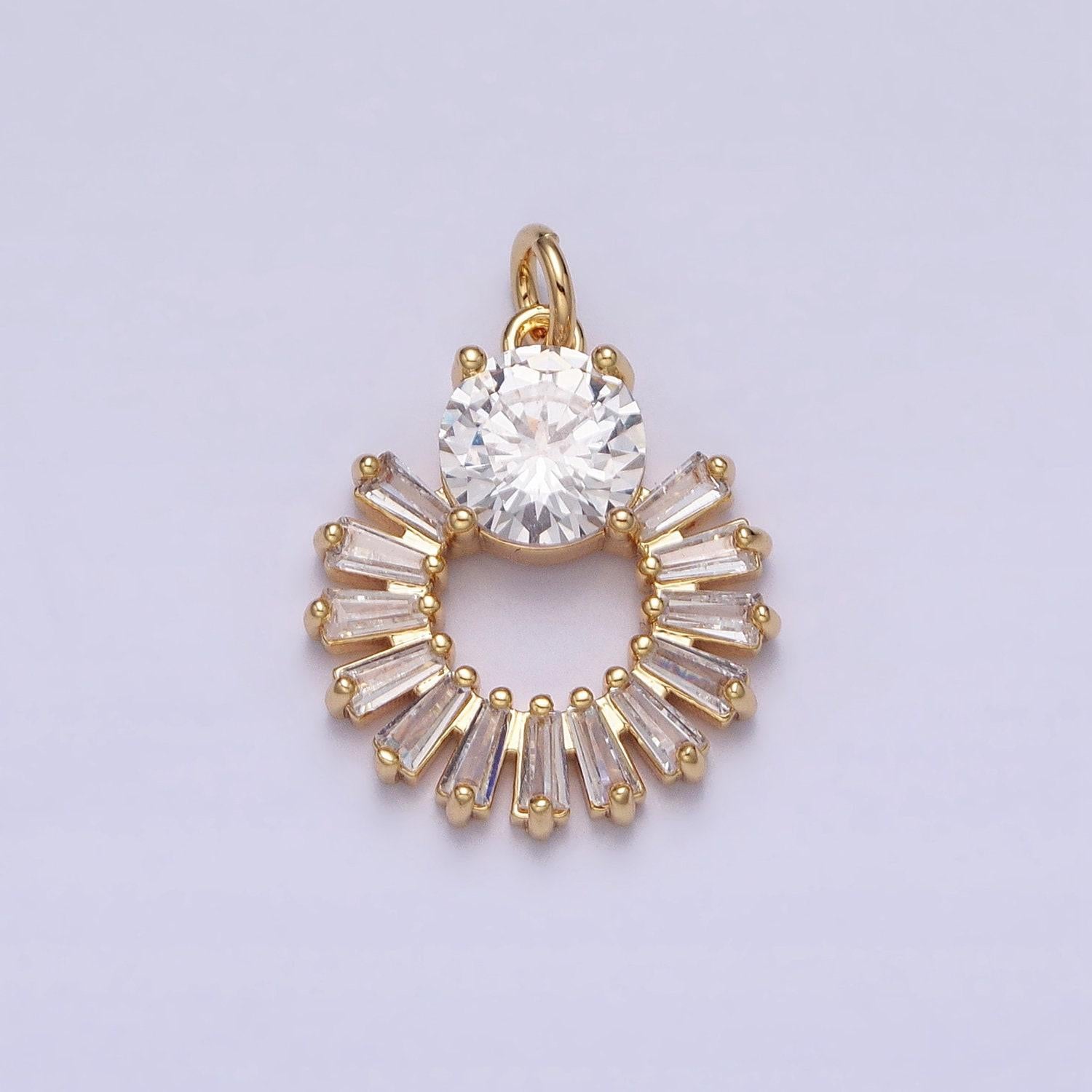 16k gold filled clear baguette open round add-on charm in gold & silver sun charm with solitaire cz stone | ac1255 ac1256