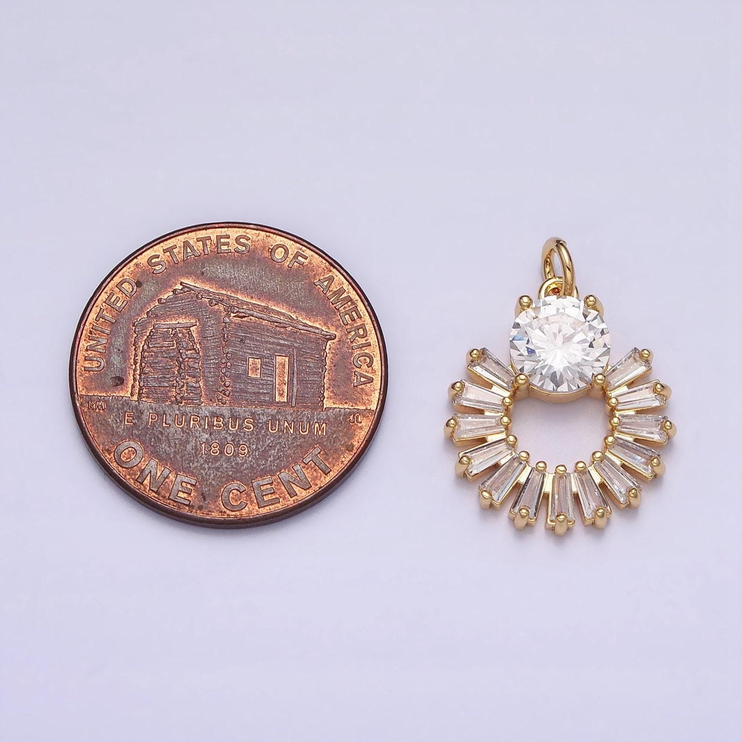 16k gold filled clear baguette open round add-on charm in gold & silver sun charm with solitaire cz stone | ac1255 ac1256
