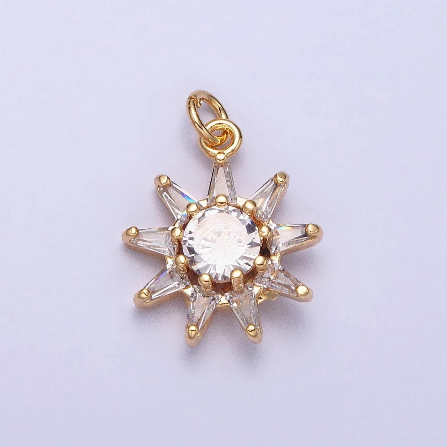 16k gold filled celestial sun round cz charm in gold & silver sunburst pendant | ac1233 ac1234