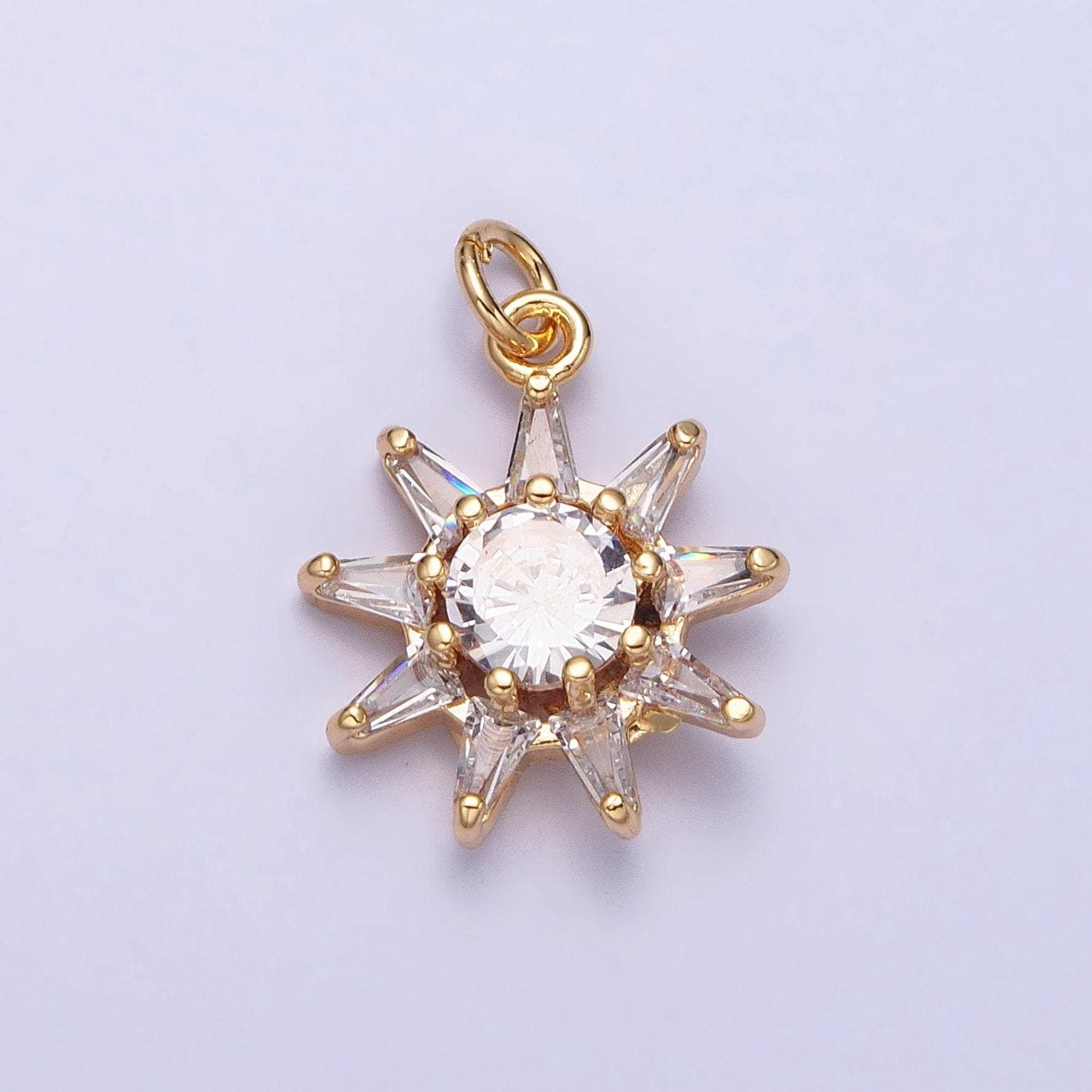 16k gold filled celestial sun round cz charm in gold & silver sunburst pendant | ac1233 ac1234