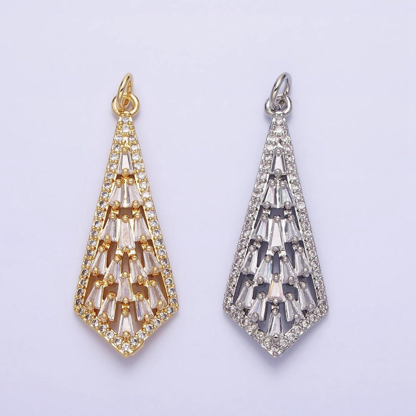 16k gold filled tie baguette micro paved cz geometric arrow charm in gold & silver | ac1229 ac1230