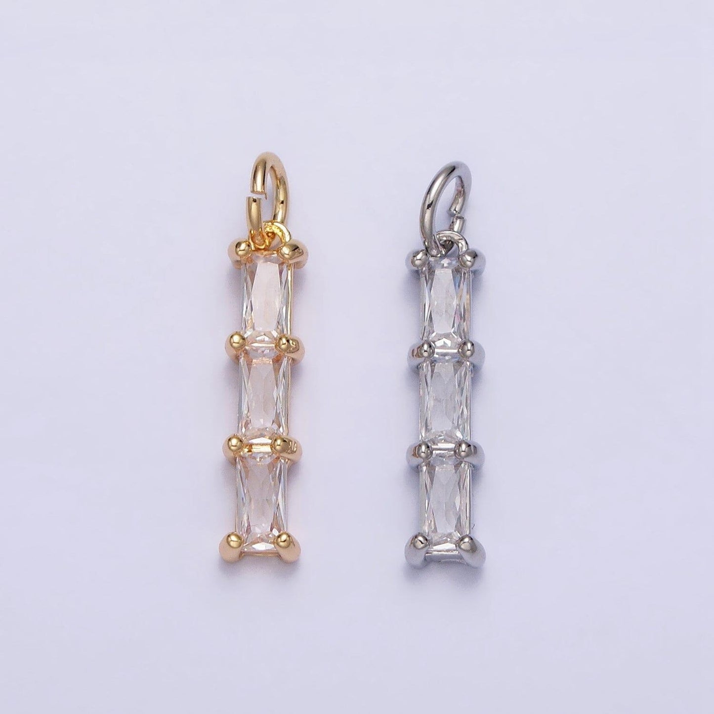16k gold filled bamboo clear baguette cz linear lined charm in gold & silver | ac1225 ac1226