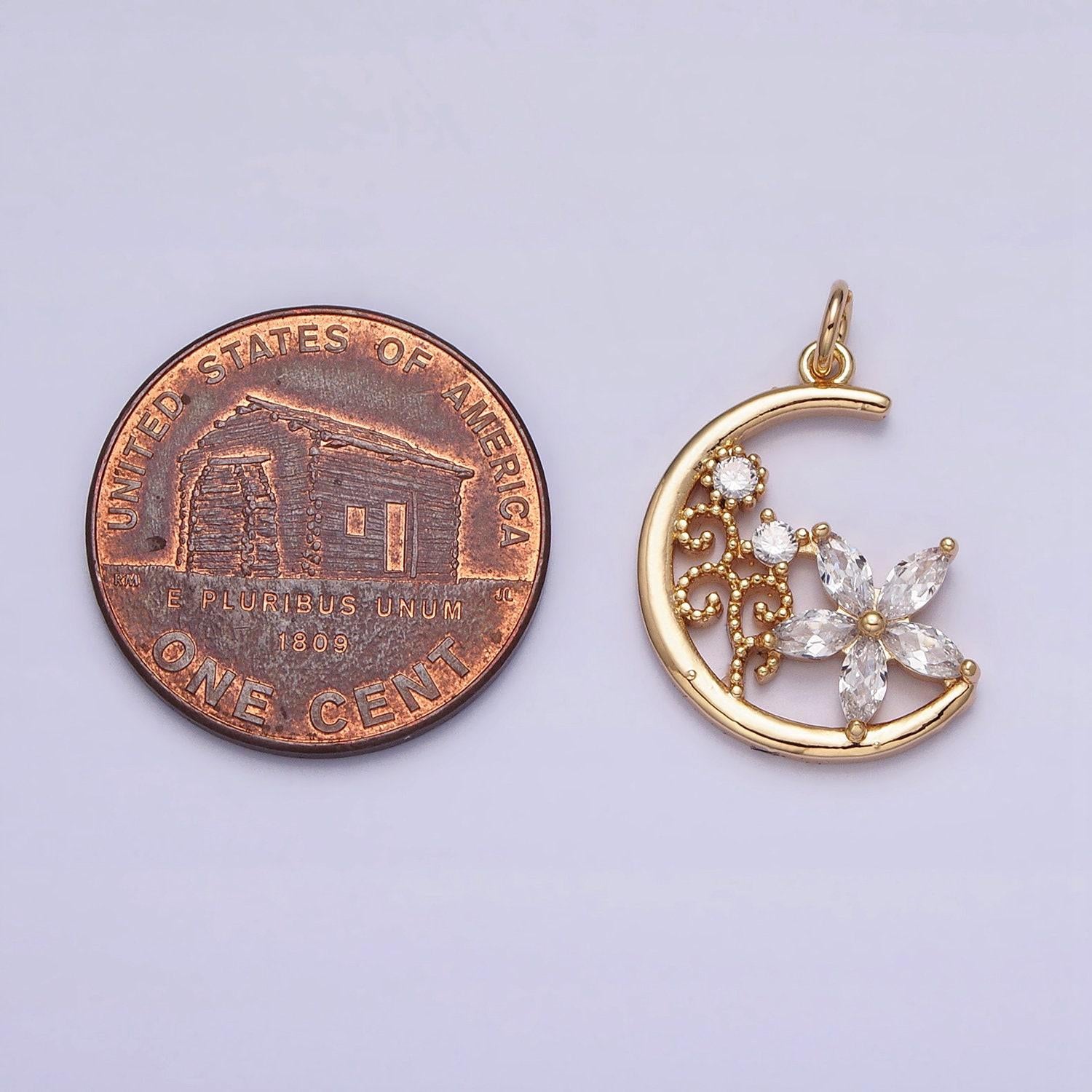 Mini gold crescent moon charm, cubic zirconia flower pendant charm, celestial charm necklace earring bracelet diy jewelry ac1209