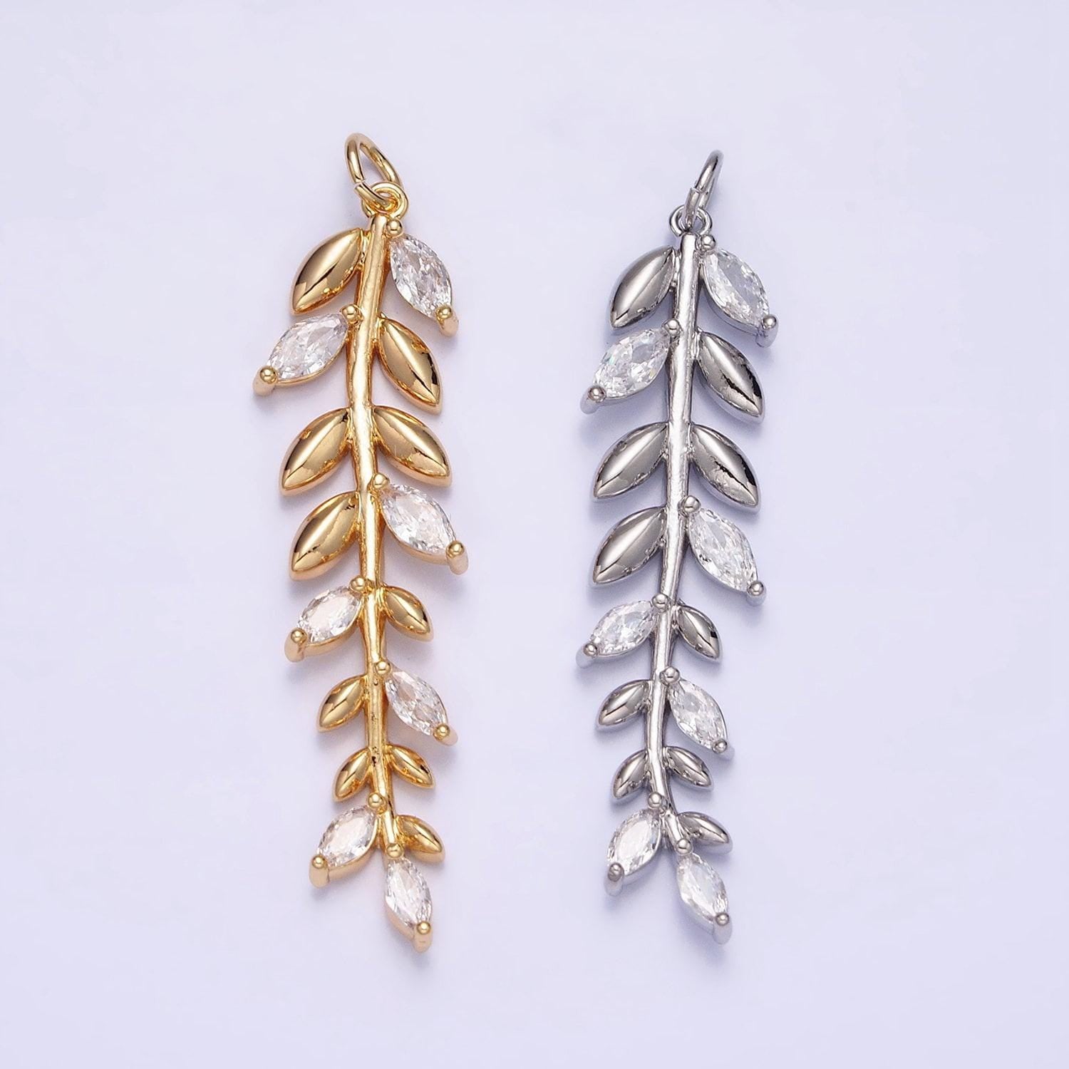 16k gold filled olive leaf clear marquise cz long charm in gold & silver | ac1201 ac1202