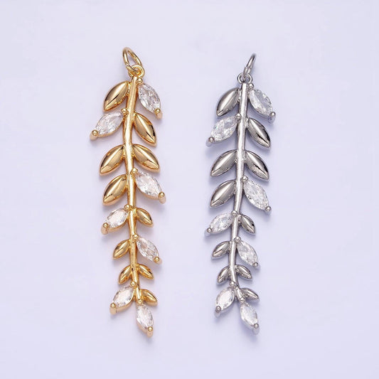 16k gold filled olive leaf clear marquise cz long charm in gold & silver | ac1201 ac1202