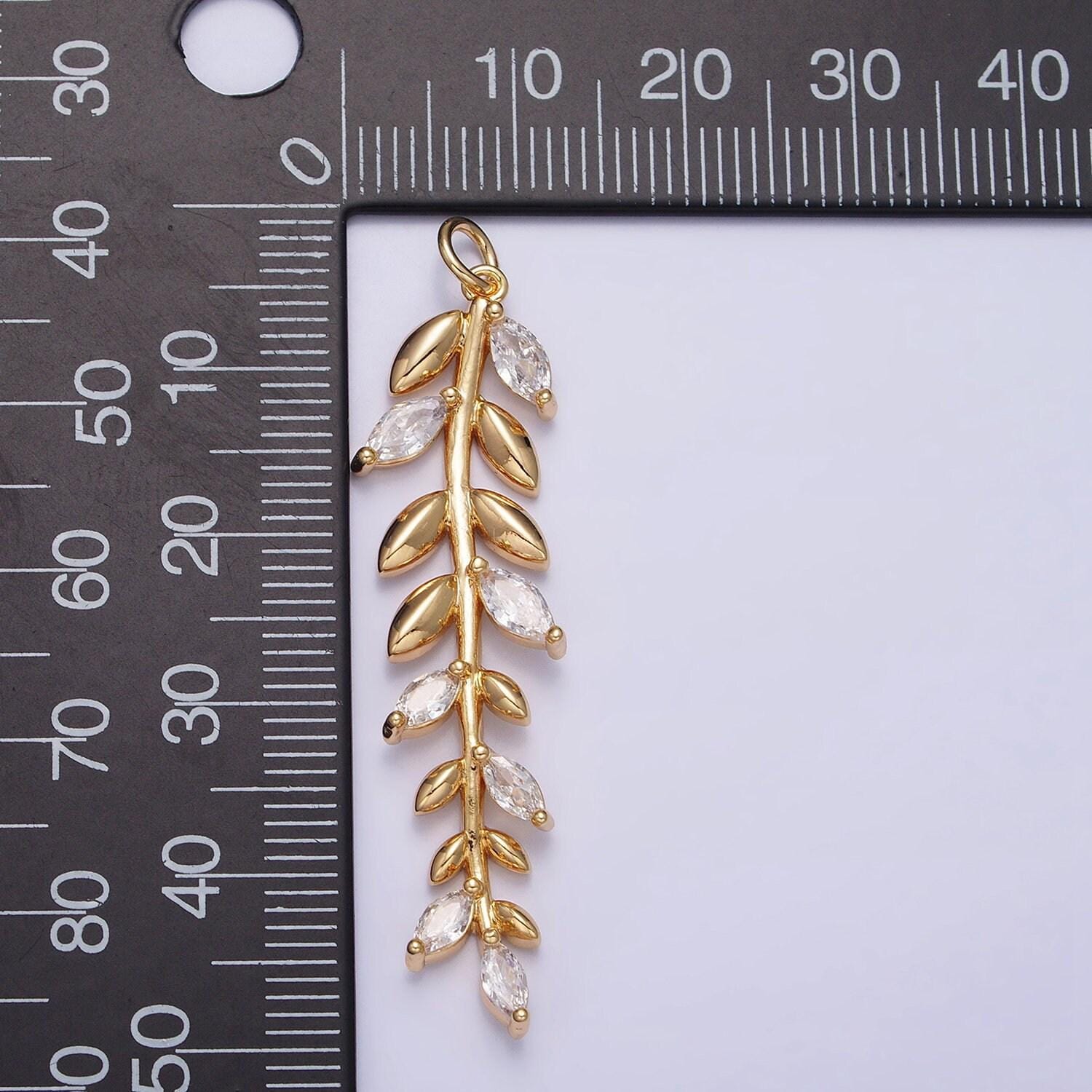 16k gold filled olive leaf clear marquise cz long charm in gold & silver | ac1201 ac1202