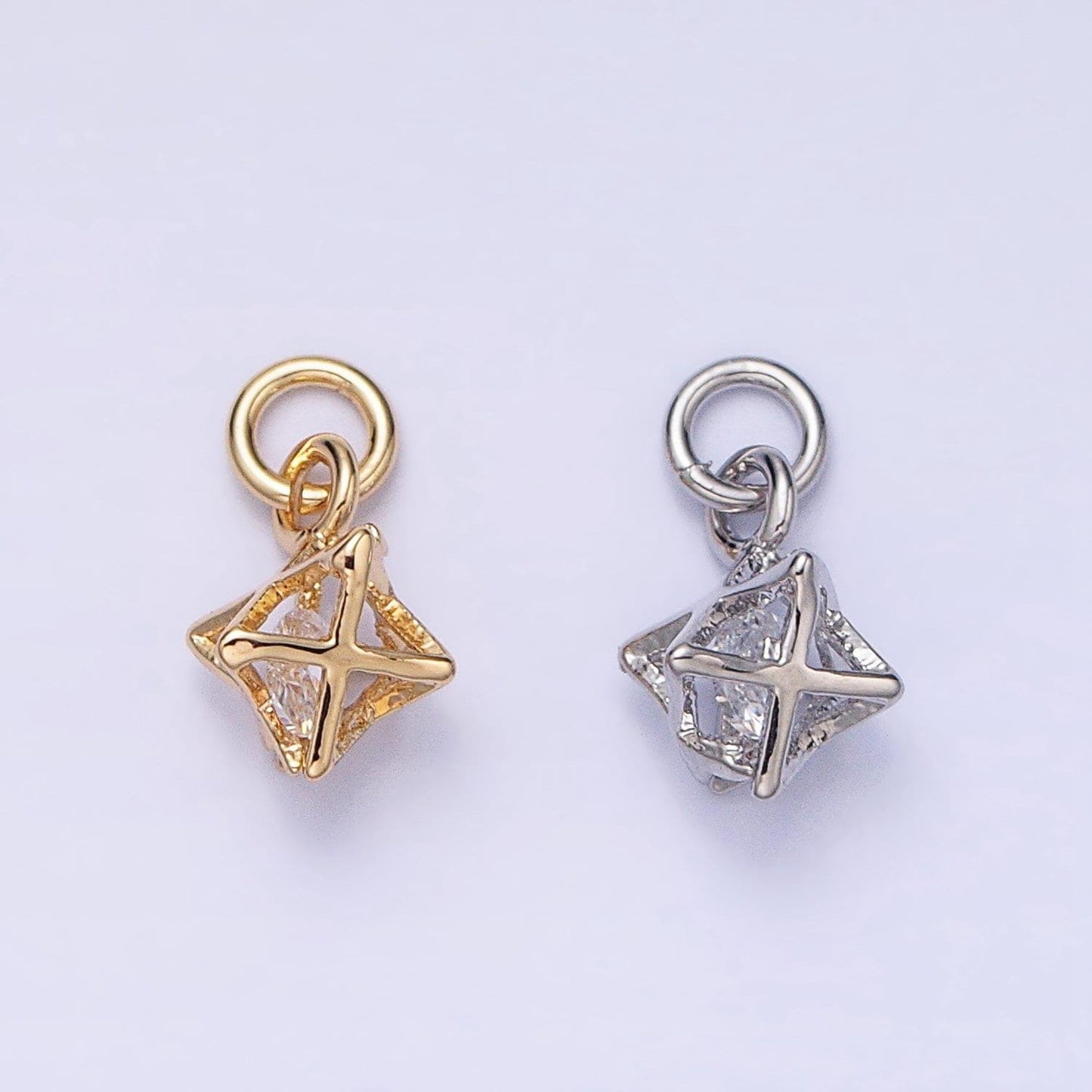 16k gold filled clear cz geometric box add-on charm in gold & silver | ac1199 ac1200