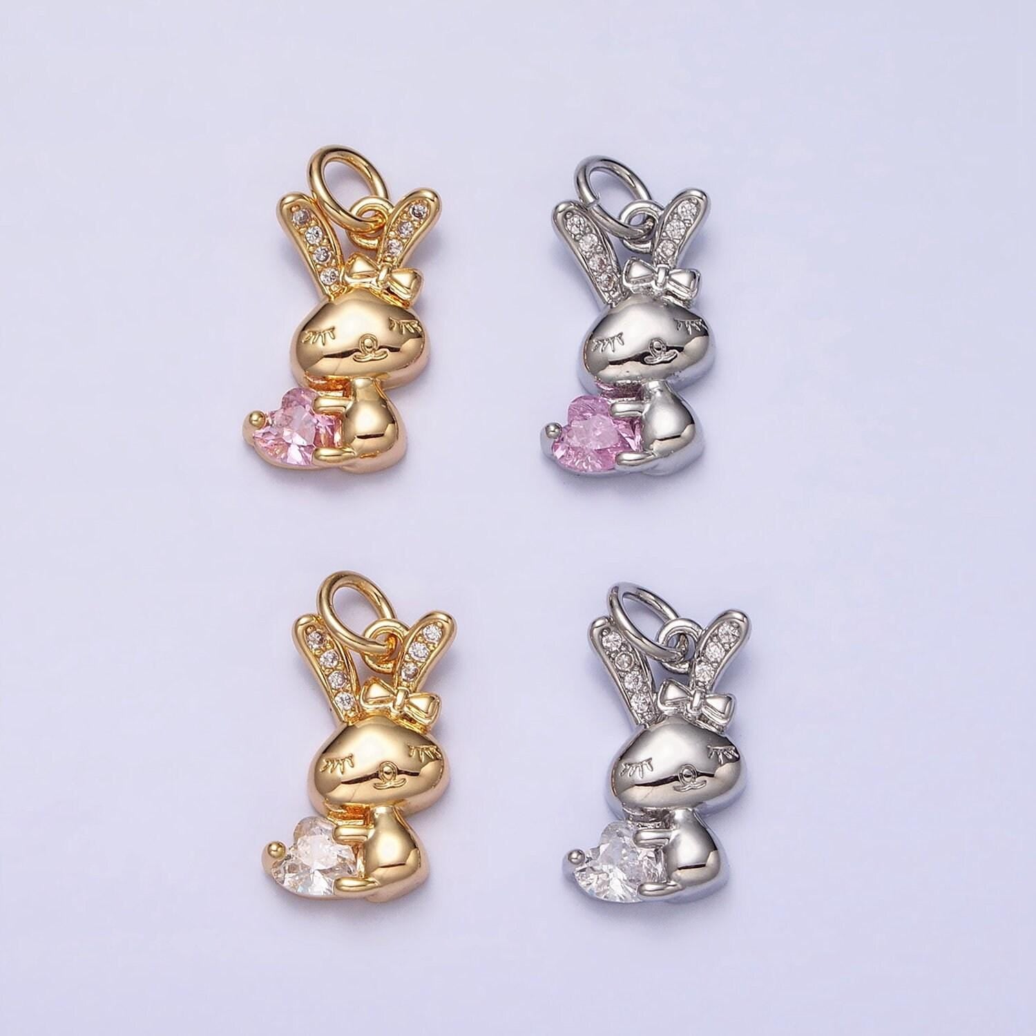 Mini gold rabbit pendant charm with pink clear cz stones for bunny easter spring inspired kids jewelry handmade necklace bracelet ac1185