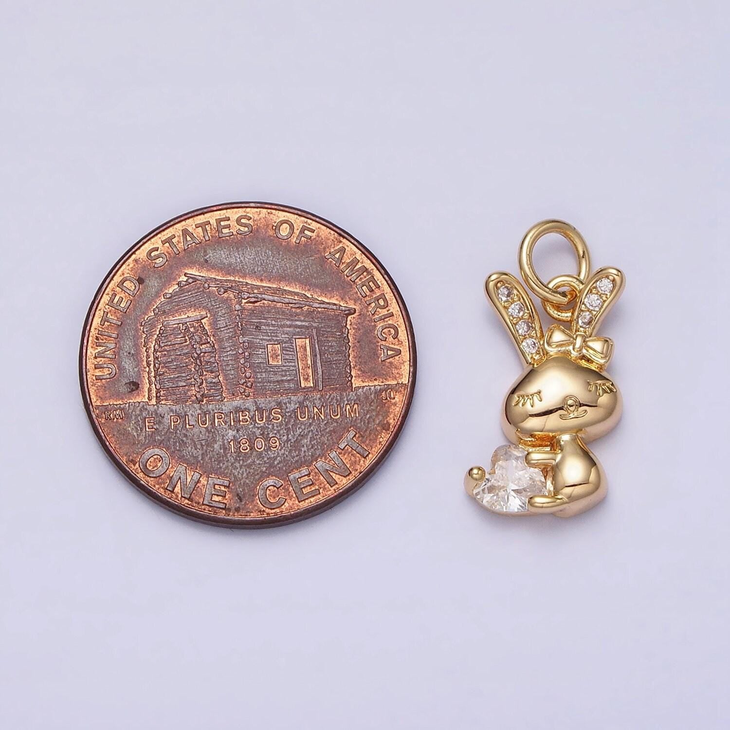 Mini gold rabbit pendant charm with pink clear cz stones for bunny easter spring inspired kids jewelry handmade necklace bracelet ac1185