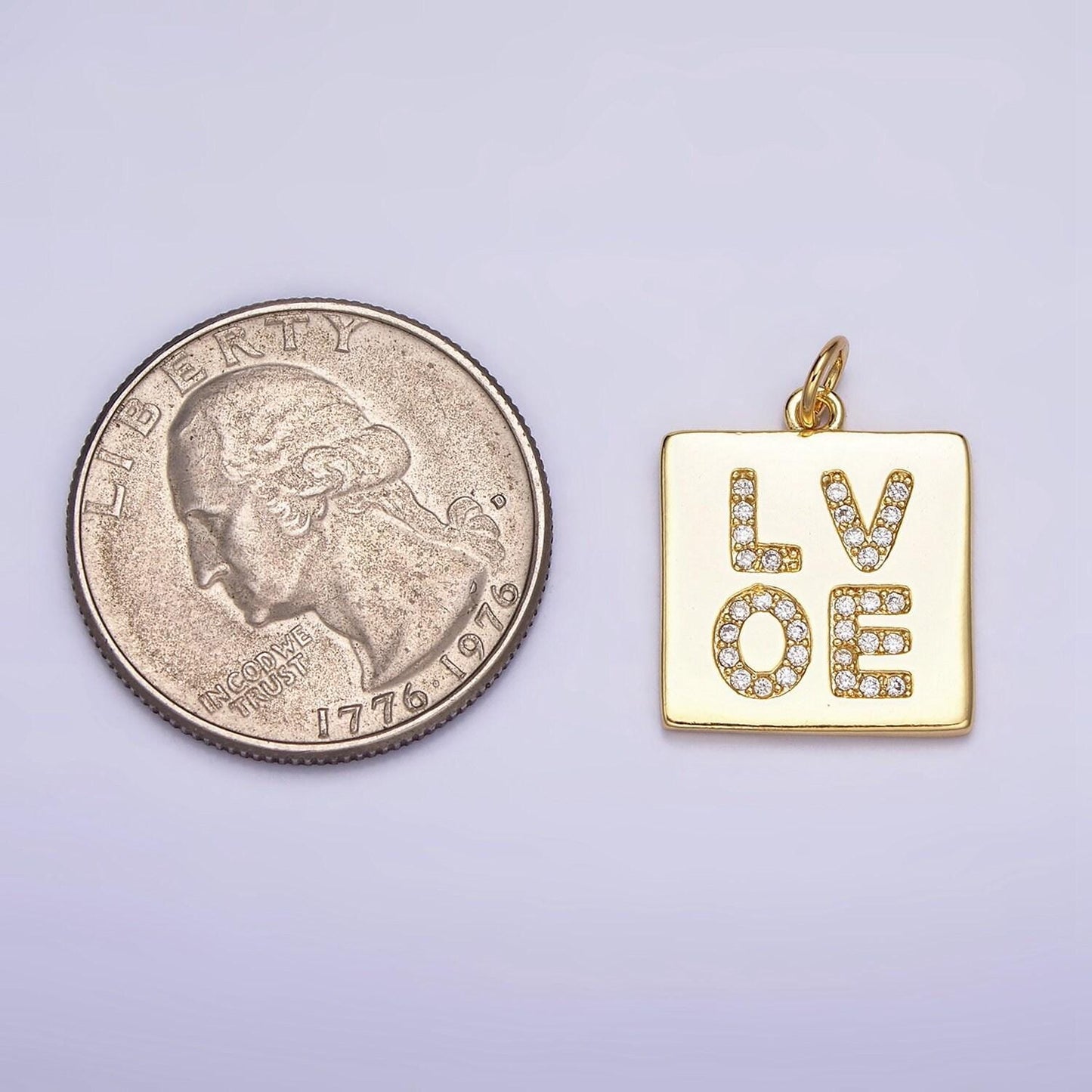 Dainty cubic tag charm "love" script micro paved cz square add-on charm | ac1178