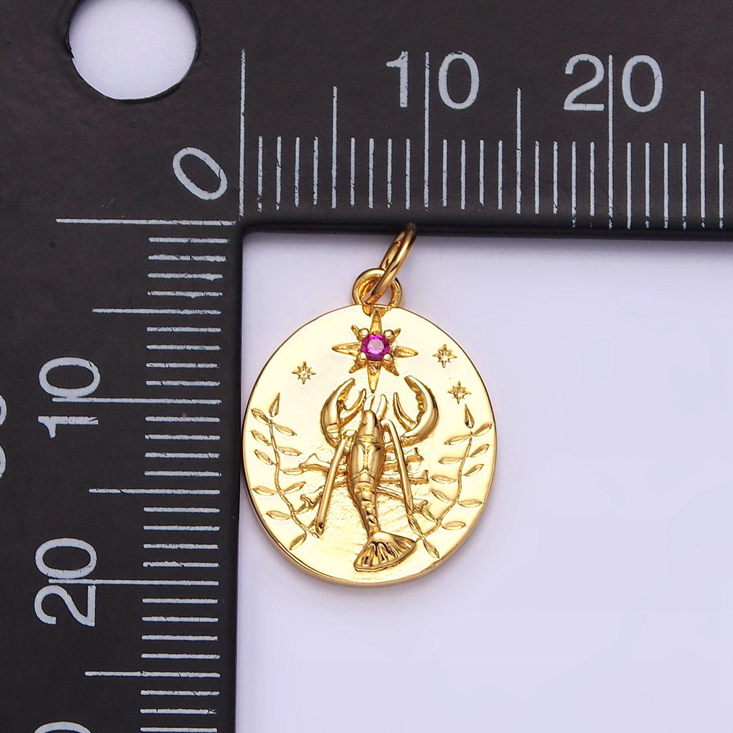 Dainty gold lobster pendant, coin medallion cubic zirconia cz sea life animals charm sea pendant | ac-1155