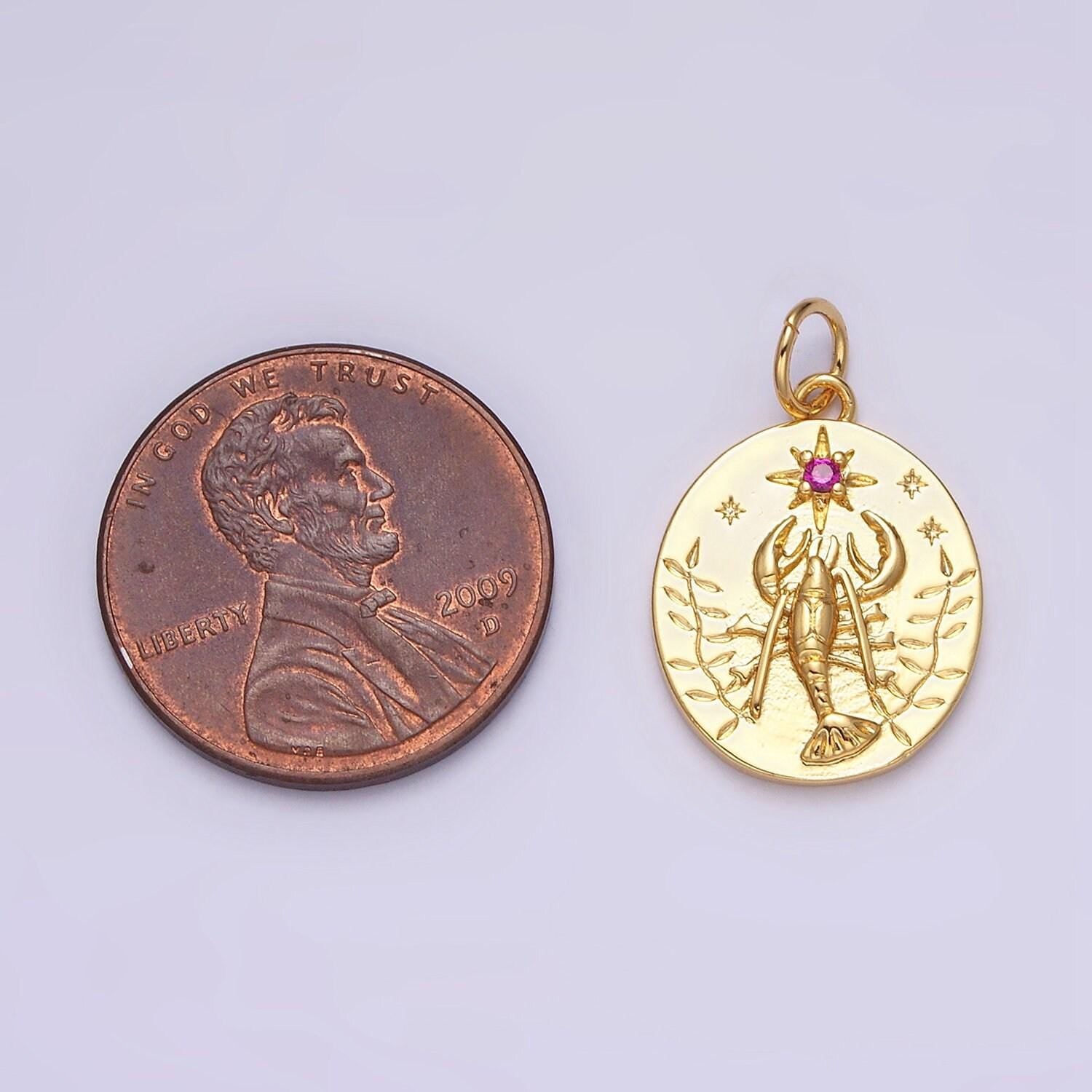 Dainty gold lobster pendant, coin medallion cubic zirconia cz sea life animals charm sea pendant | ac-1155