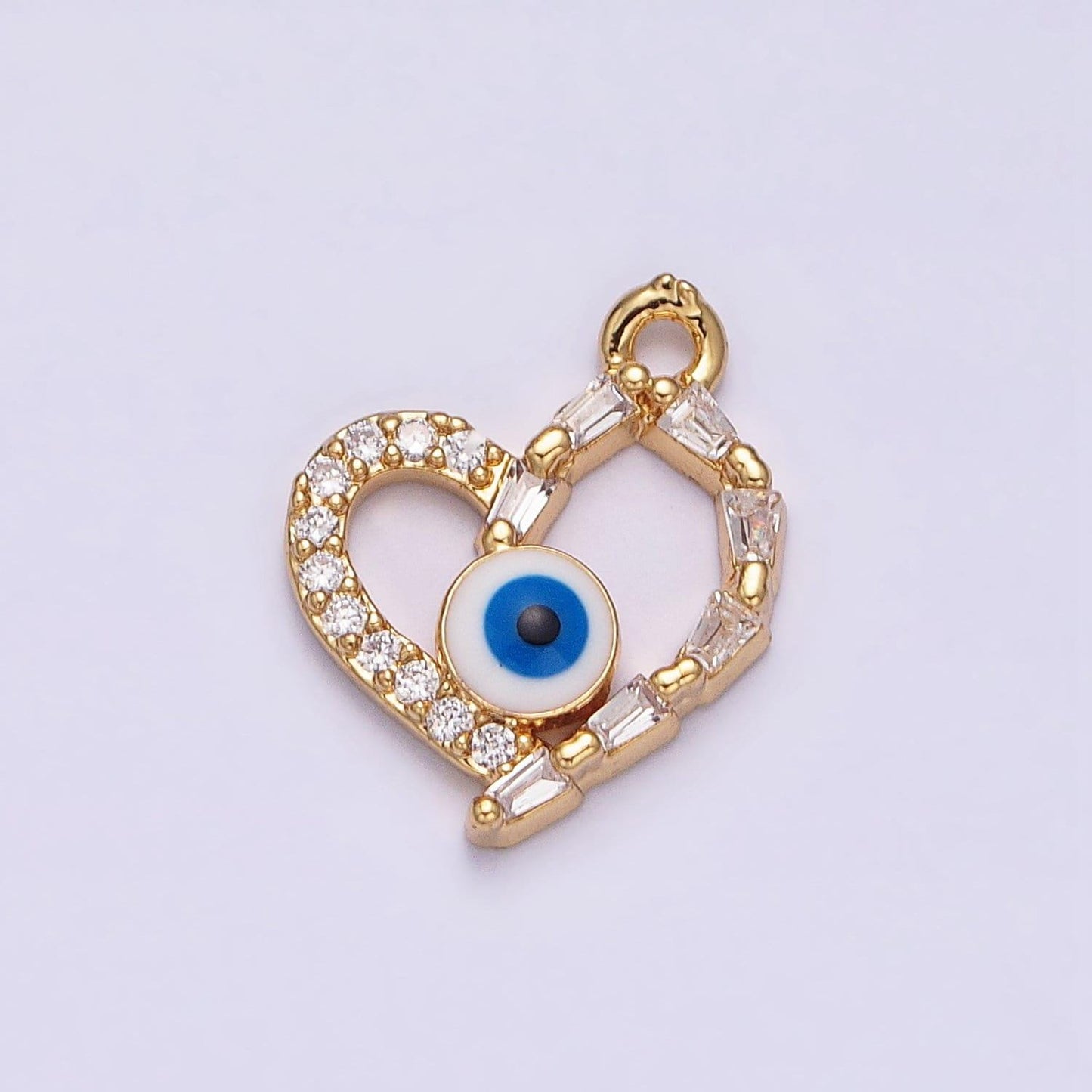 16k gold filled evil eye enamel micro paved baguette cz open heart charm | ac1137