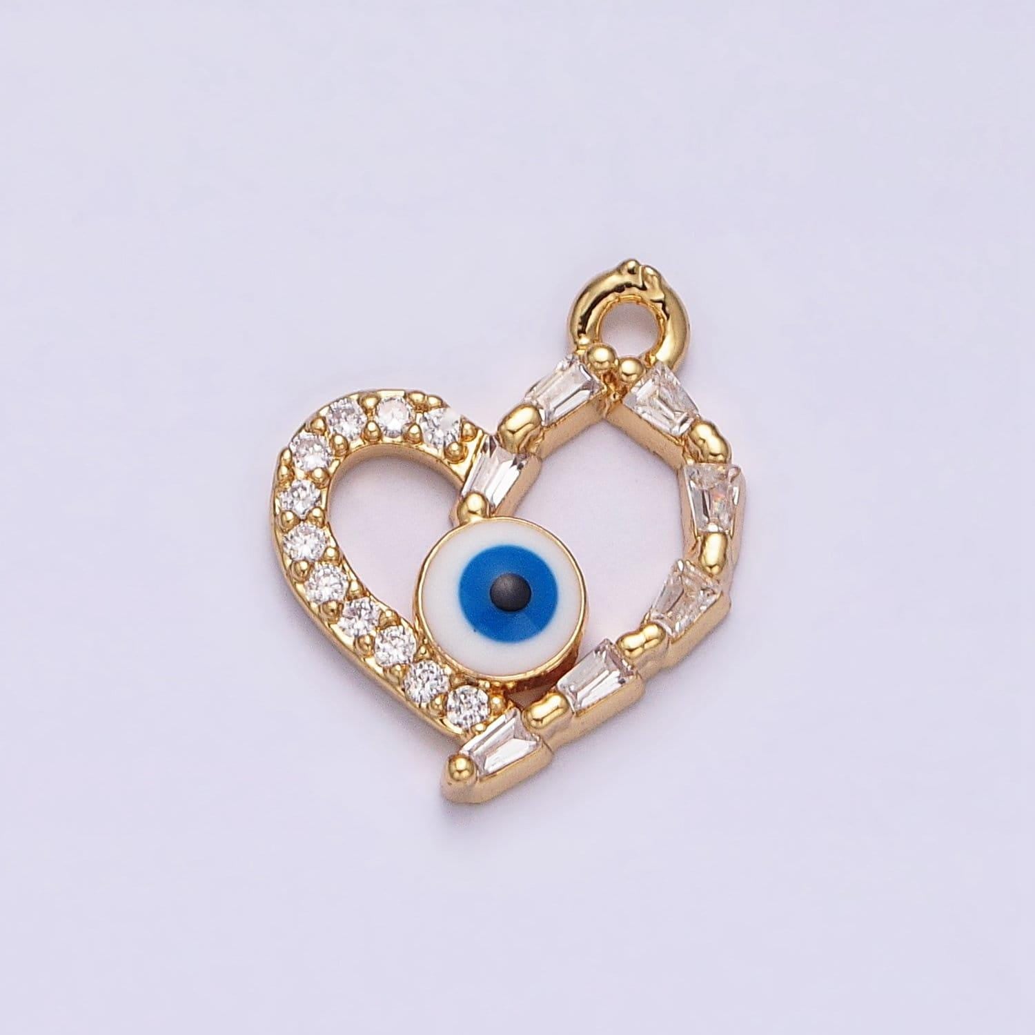 16k gold filled evil eye enamel micro paved baguette cz open heart charm | ac1137