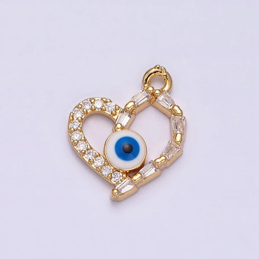 16k gold filled evil eye enamel micro paved baguette cz open heart charm | ac1137