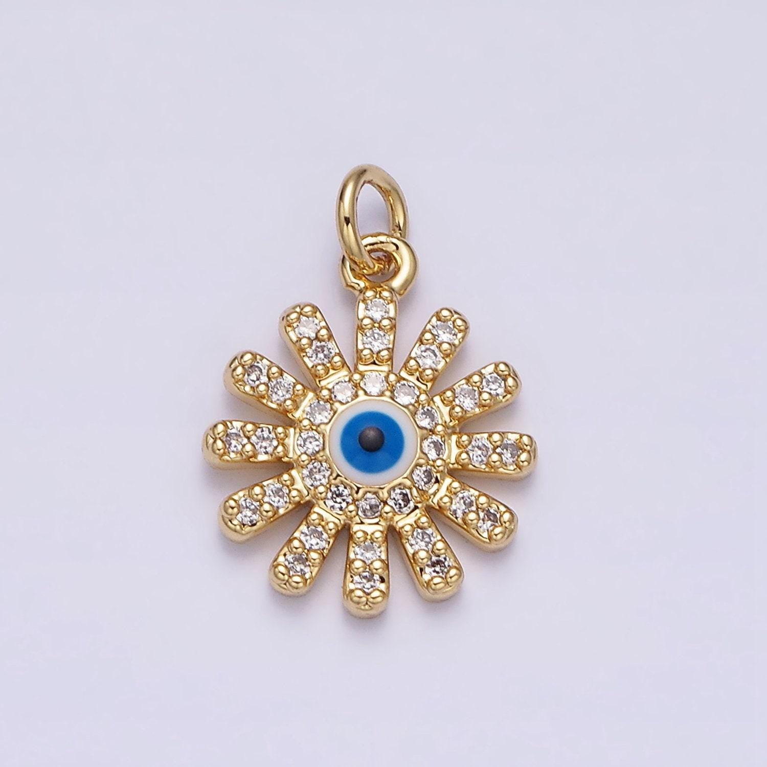 16k gold filled evil eye micro paved cz celestial sun flower charm celestial jewelry cubic sun eye | ac1136