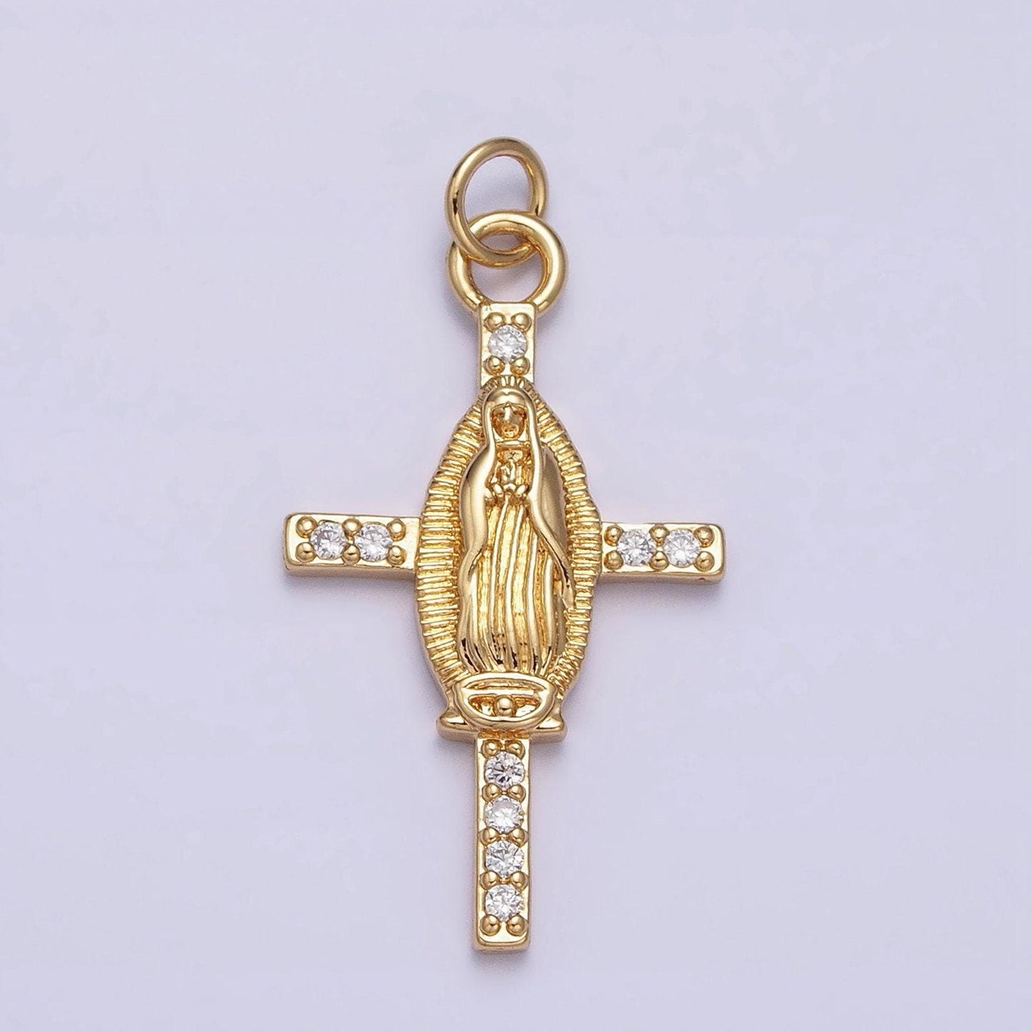 Cz lady guadalupe cross charm pendant, gold filled virgin mary with cubic zirconia stone for religious minimalist layering pendant ac1134
