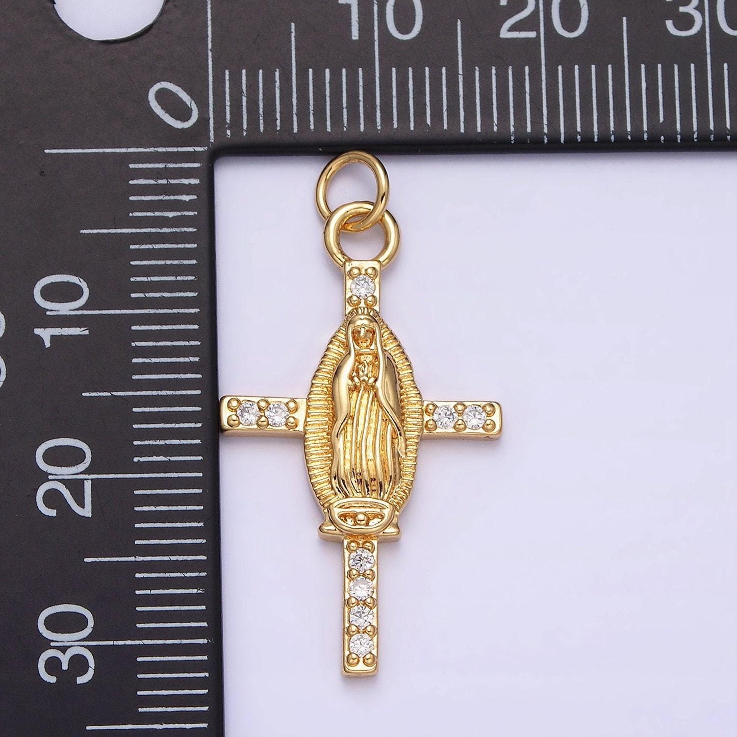 Cz lady guadalupe cross charm pendant, gold filled virgin mary with cubic zirconia stone for religious minimalist layering pendant ac1134