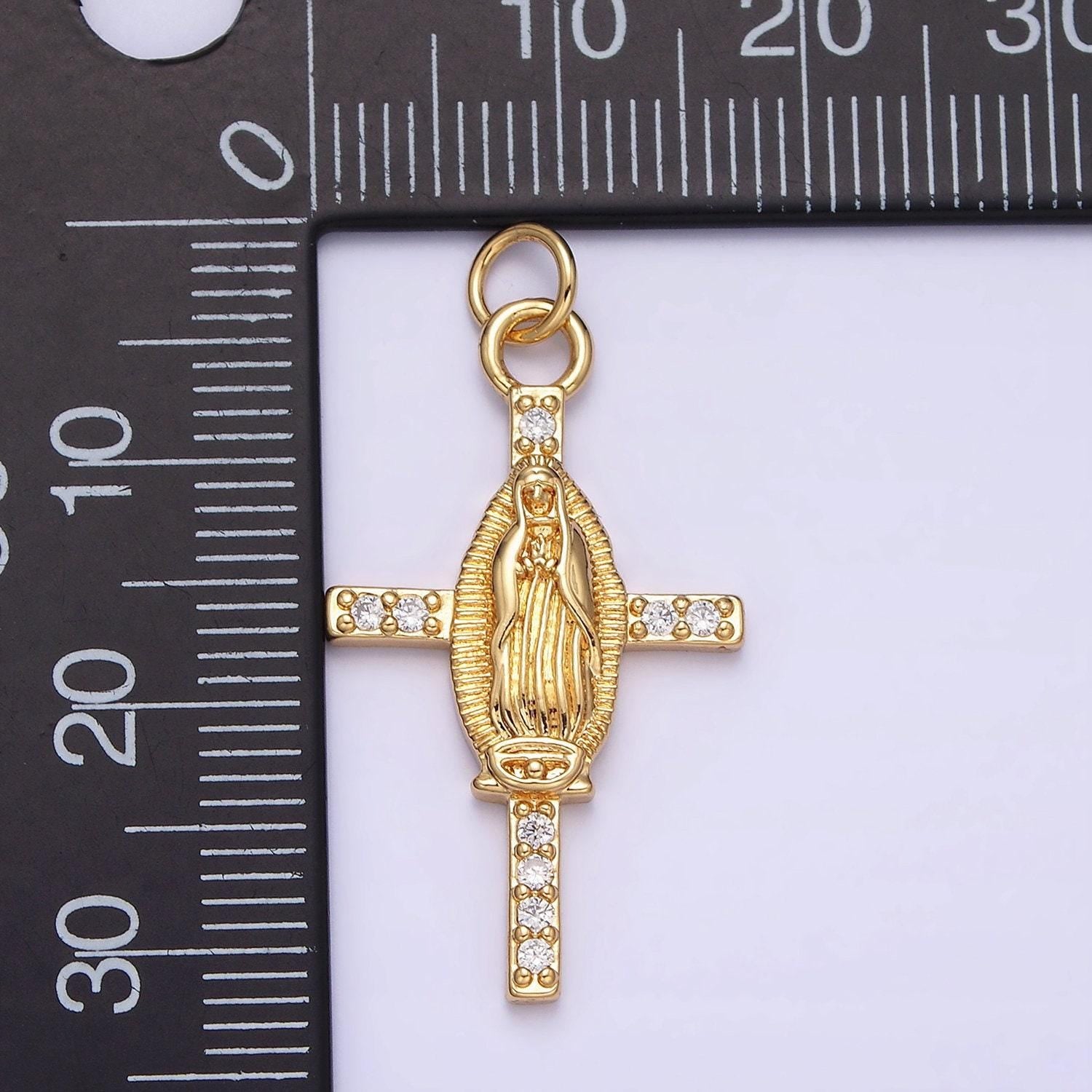 Cz lady guadalupe cross charm pendant, gold filled virgin mary with cubic zirconia stone for religious minimalist layering pendant ac1134