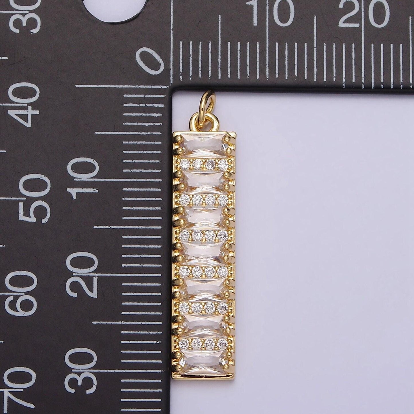 16k gold filled 30mm clear cz baguette lined micro paved band bar charm dangle charm minimalist jewelry | ac1133