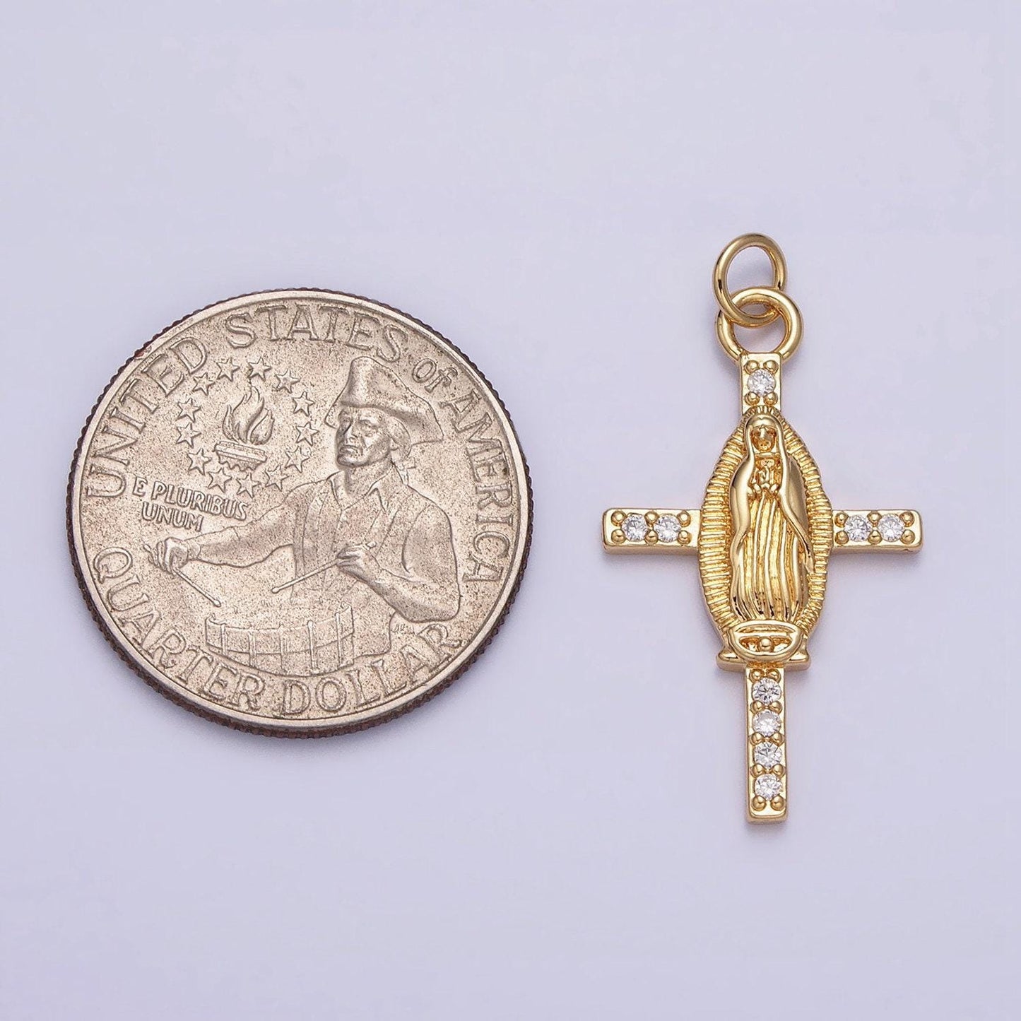 Cz lady guadalupe cross charm pendant, gold filled virgin mary with cubic zirconia stone for religious minimalist layering pendant ac1134