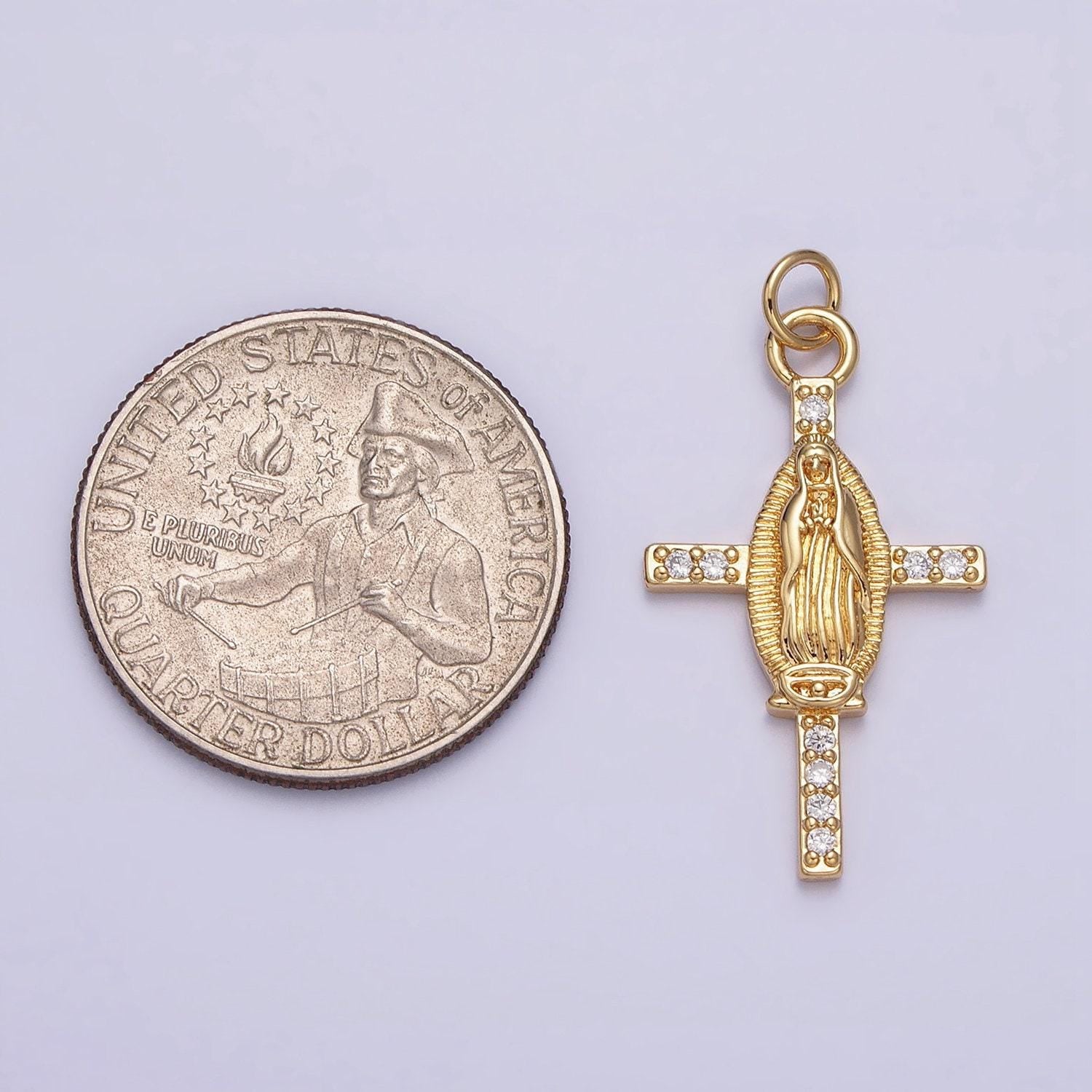 Cz lady guadalupe cross charm pendant, gold filled virgin mary with cubic zirconia stone for religious minimalist layering pendant ac1134