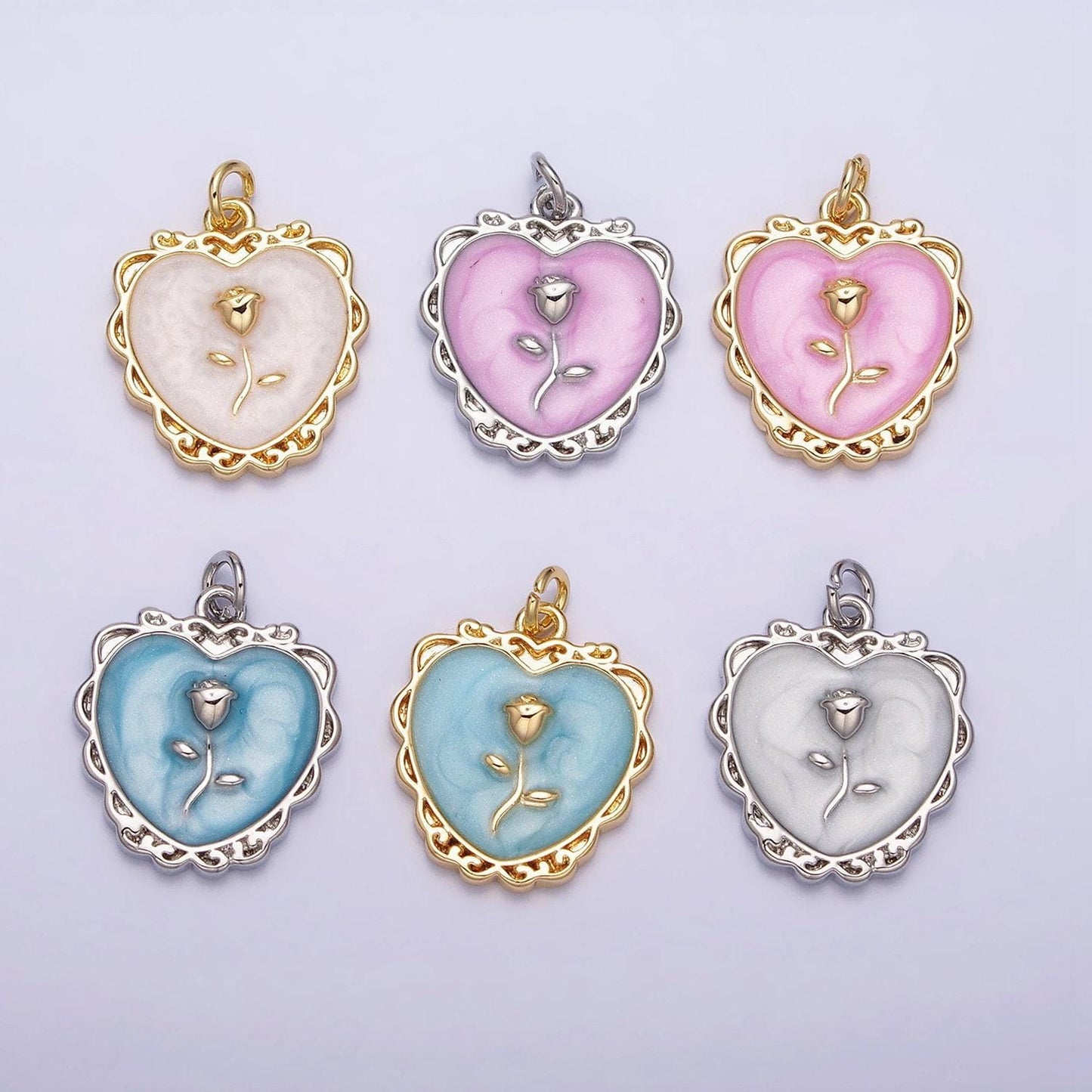 Gold enamel heart charm, heart with rose medallion charm silver love charm, enamel charms, gold plated findings, gd024