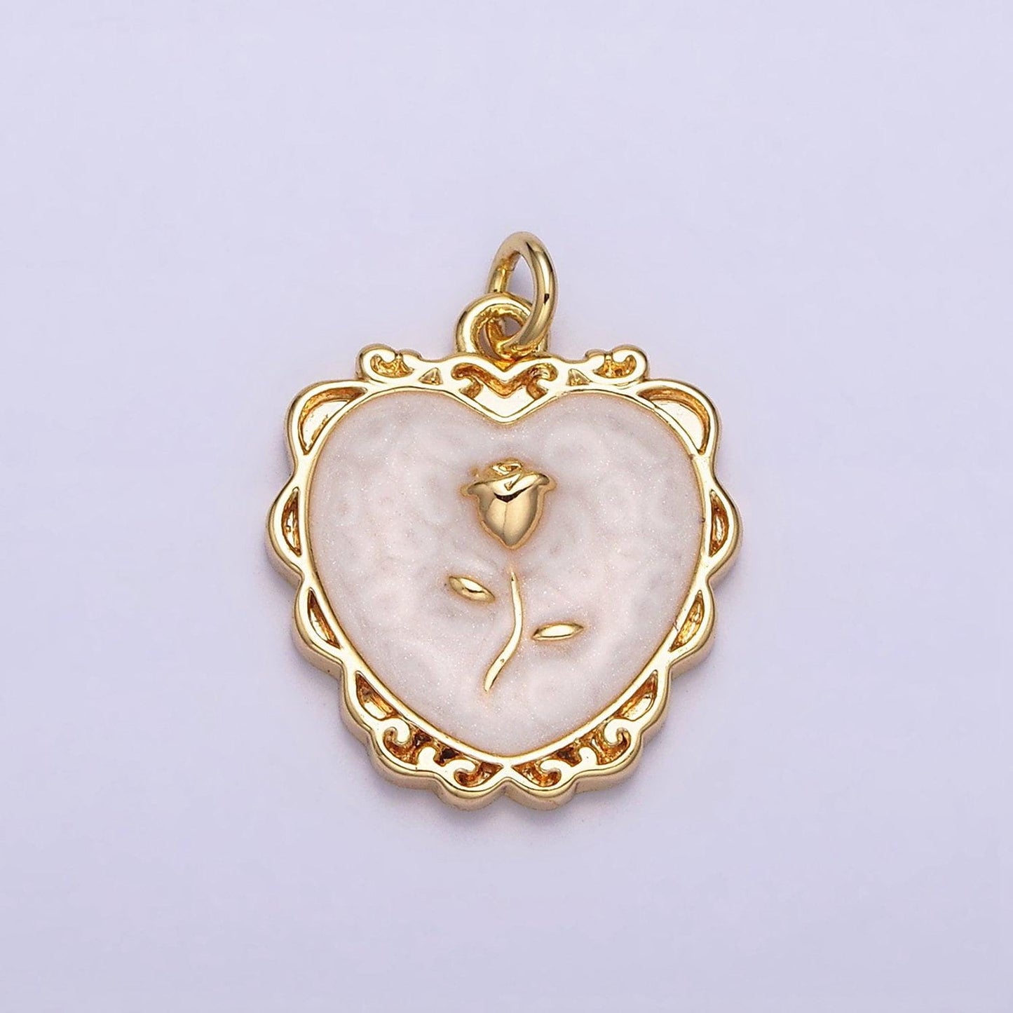 Gold enamel heart charm, heart with rose medallion charm silver love charm, enamel charms, gold plated findings, gd024